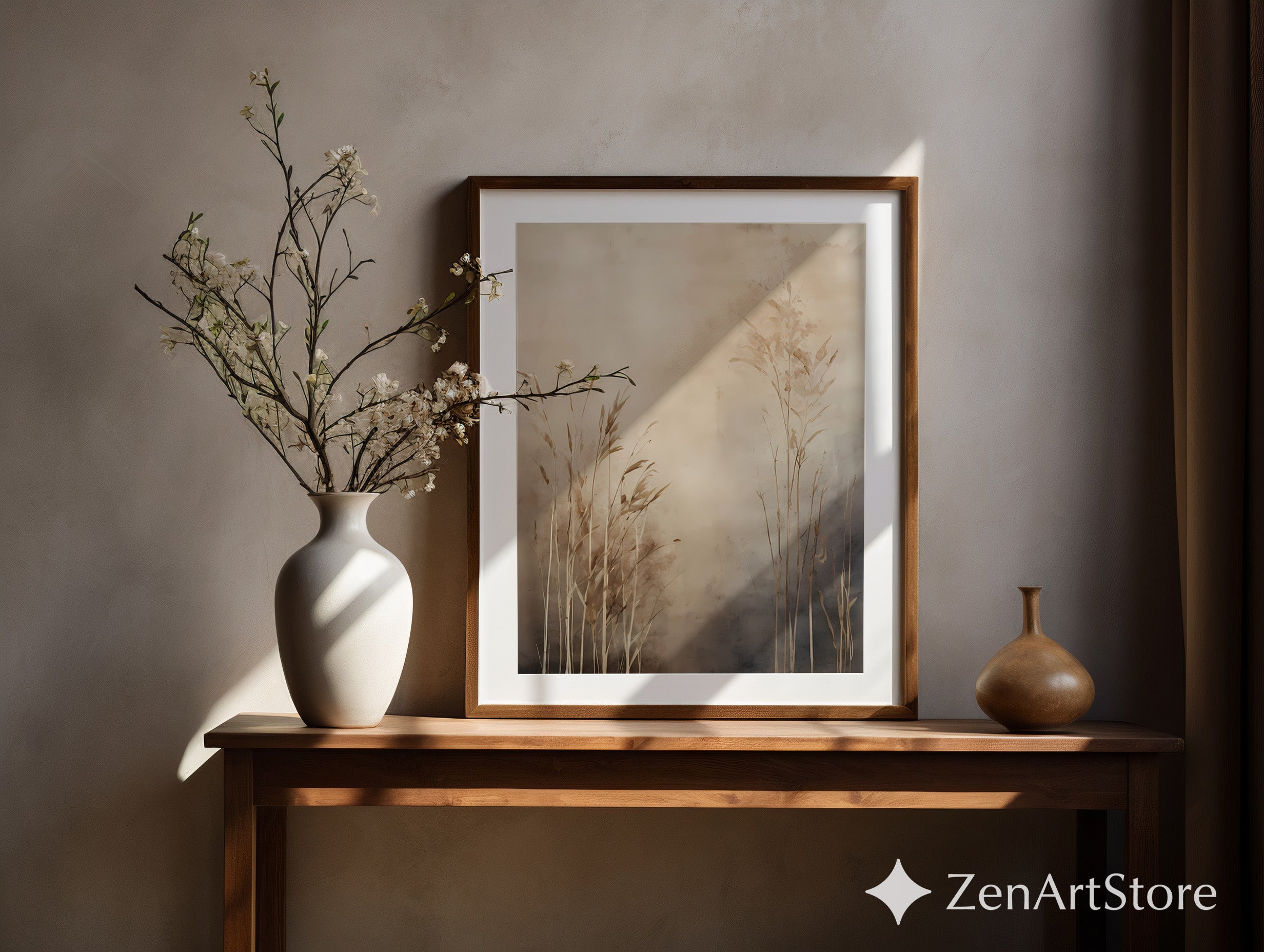 Neutral Botanical Wall Art — Beige Minimal Grass Print, Japandi Wabi Sabi Landscape for Living Room & Bedroom