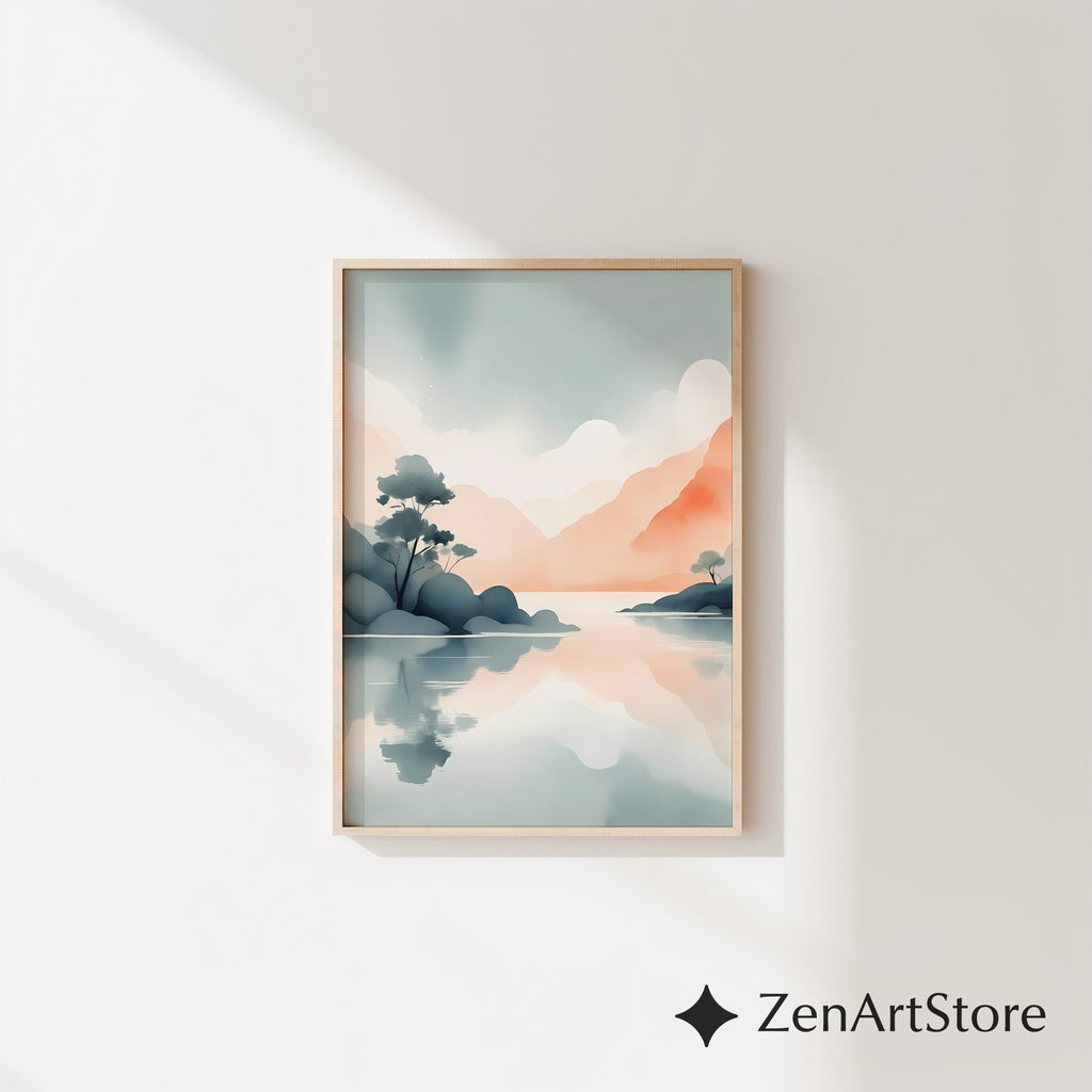 Zen Japandi Pastel Landscape Print - Minimal Mountain Lake Wall Art, Calm Abstract Reflection, Neutral Home Decor Printable