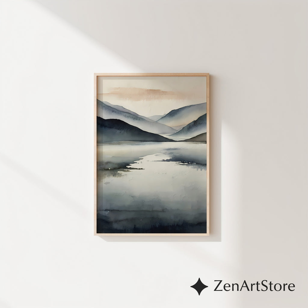 Minimal Abstract Mountain Lake Print - Neutral Japandi Wall Art, Calm Scandinavian Landscape