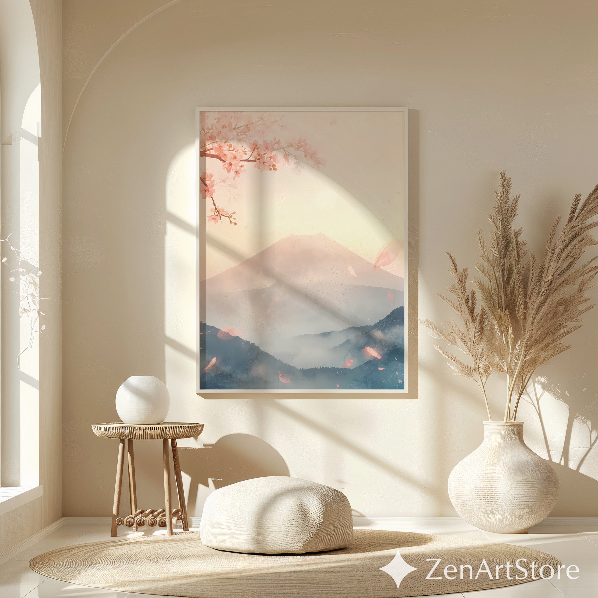 Sakura Mist Pastel Japanese Mountain Wall Art - Cherry Blossom Zen Print for Living Room, Japandi Minimal Home Decor