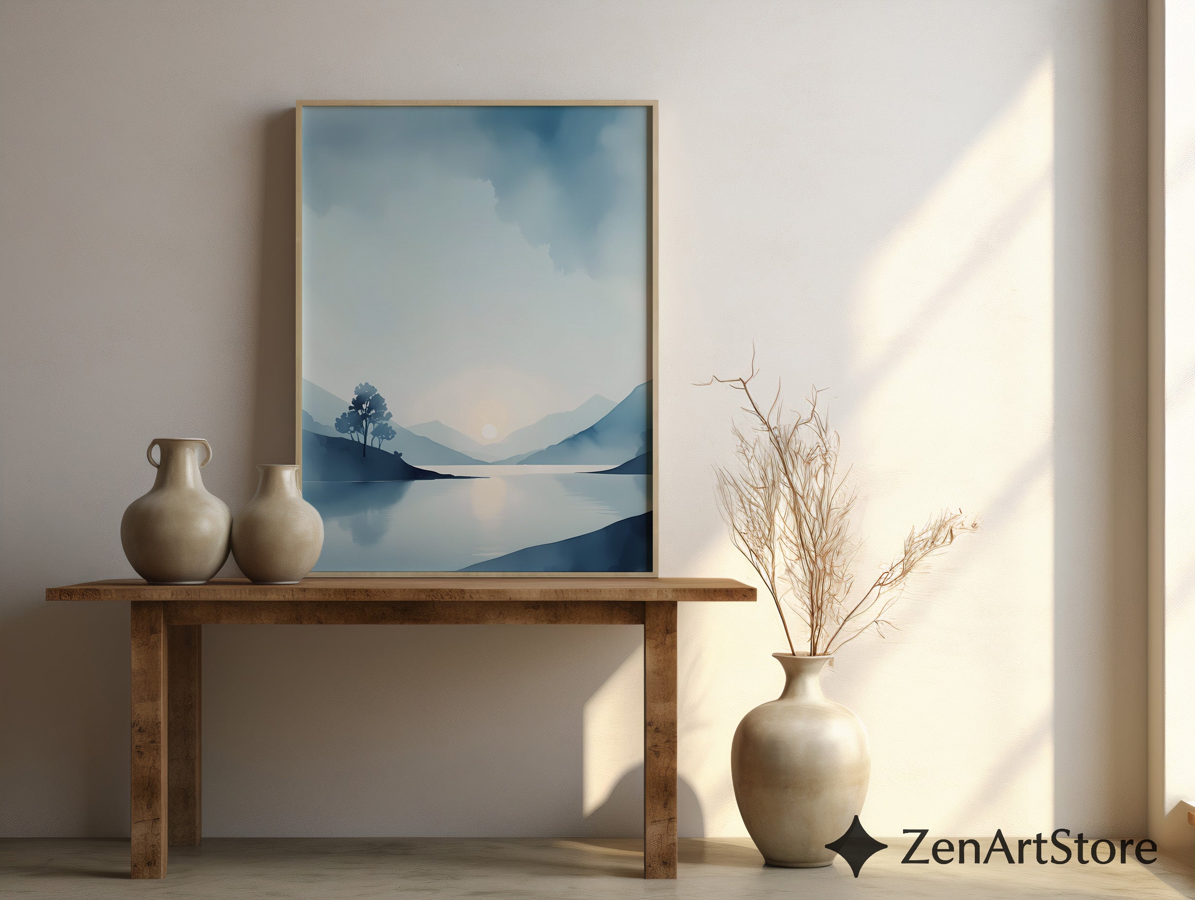 Calm Blue Lake Landscape Print - Minimal Sunrise Wall Art for Scandinavian Japandi Home Decor