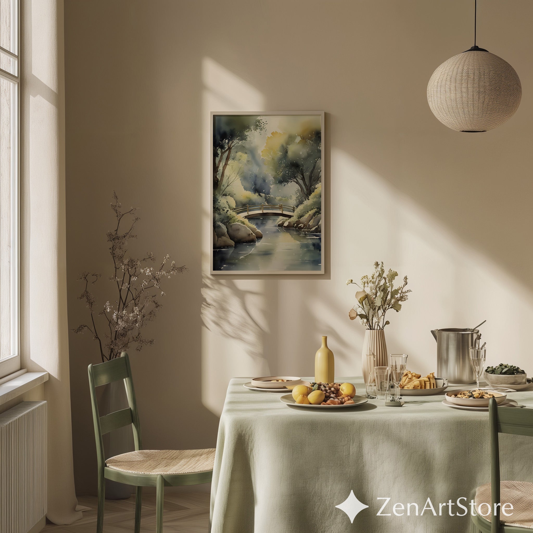 Zen Watercolor Bridge Print - Serene Forest Landscape Art, Japandi Neutral Wall Decor, Calming Giclée or Digital Download