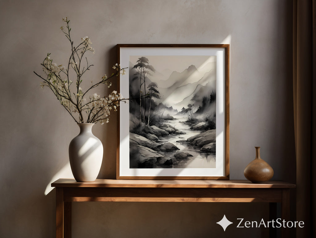 Ink-Wash Mountain River Print - Zen Minimal Monochrome Landscape Wall Art for Japandi, Scandinavian & Wabi-Sabi Decor