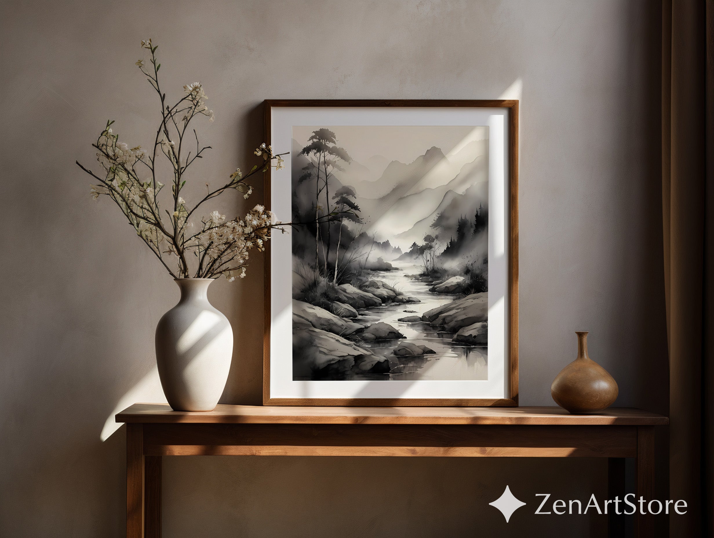 Ink-Wash Mountain River Print - Zen Minimal Monochrome Landscape Wall Art for Japandi, Scandinavian & Wabi-Sabi Decor