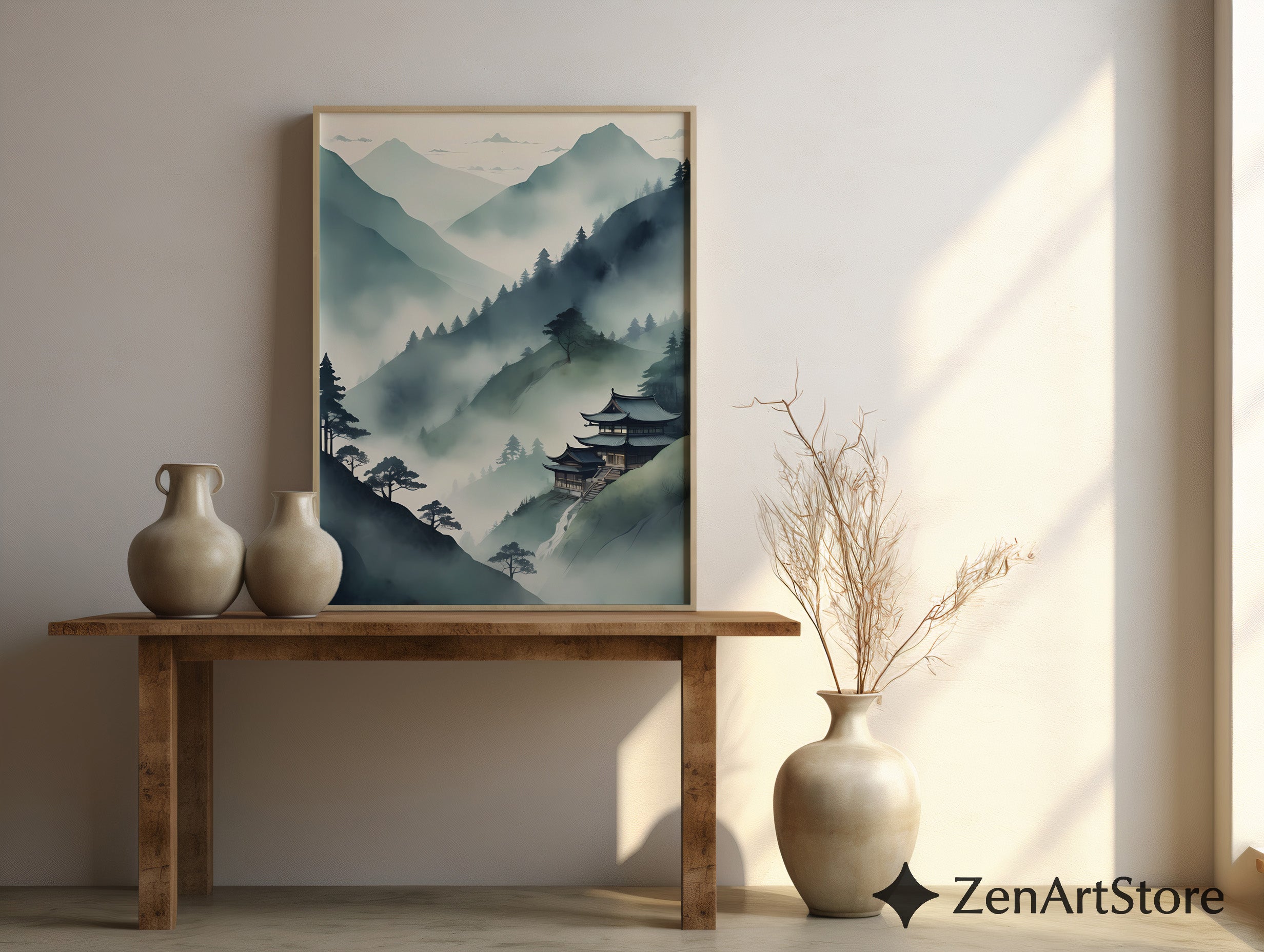 Misty Mountain Temple Wall Art - Zen Japandi Japanese Landscape Print - Minimal Wabi Sabi Home Decor