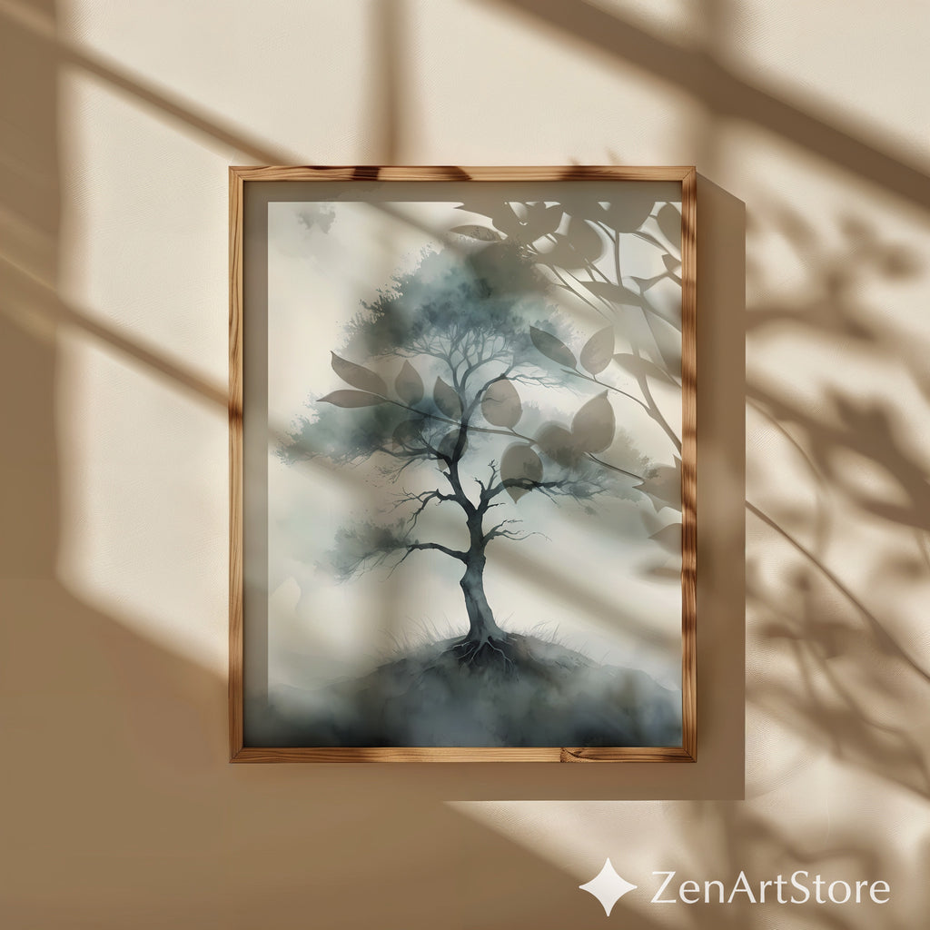 Misty Tree Watercolor Print - Minimal Zen Tree Wall Art, Japandi Neutral Botanical Canvas for Living Room & Bedroom