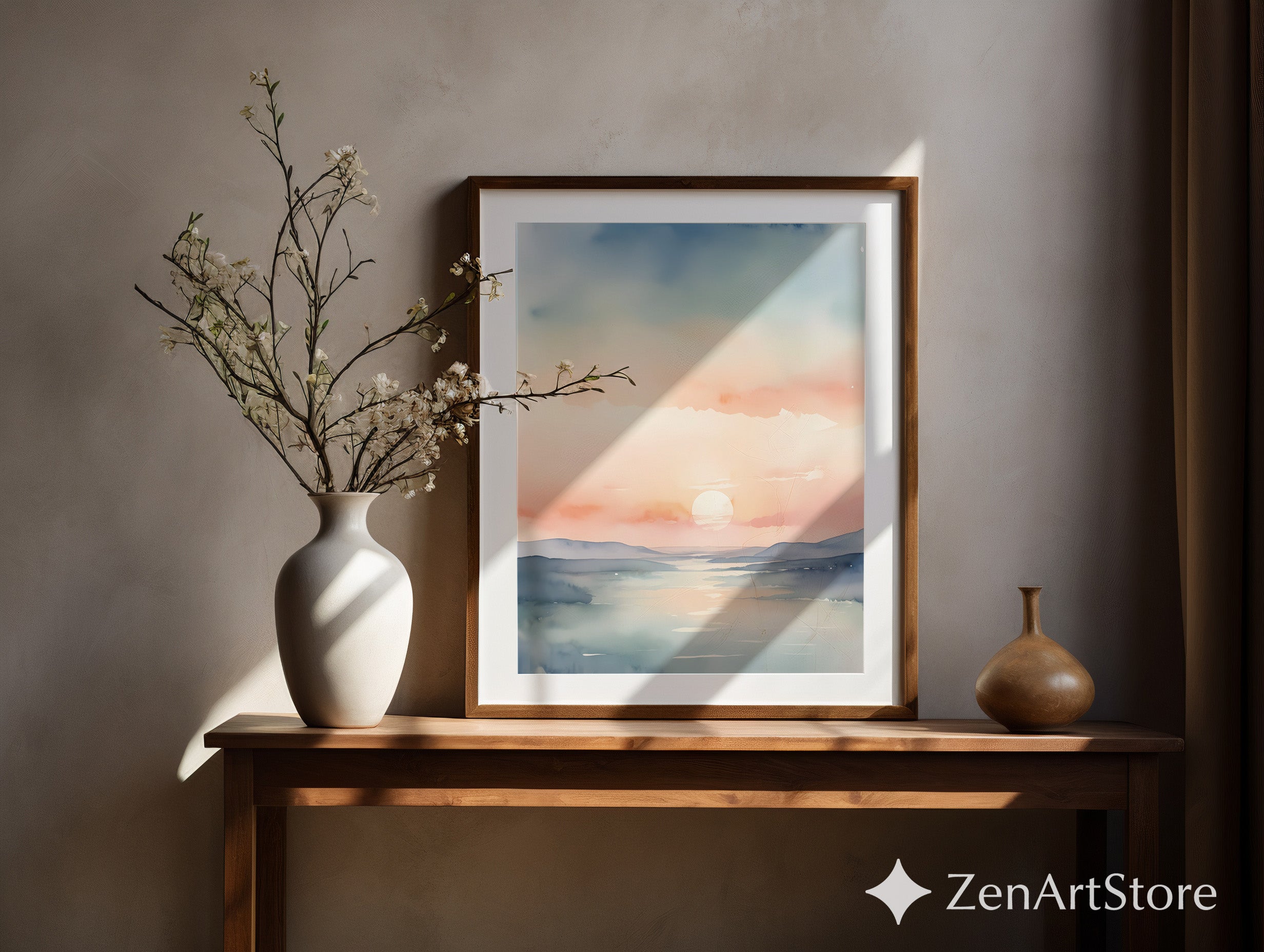 Pastel Watercolor Sunset Landscape Print - Calm Minimal Wall Art for Living Room, Bedroom, Nursery, Japandi Scandinavian Neutral Decor