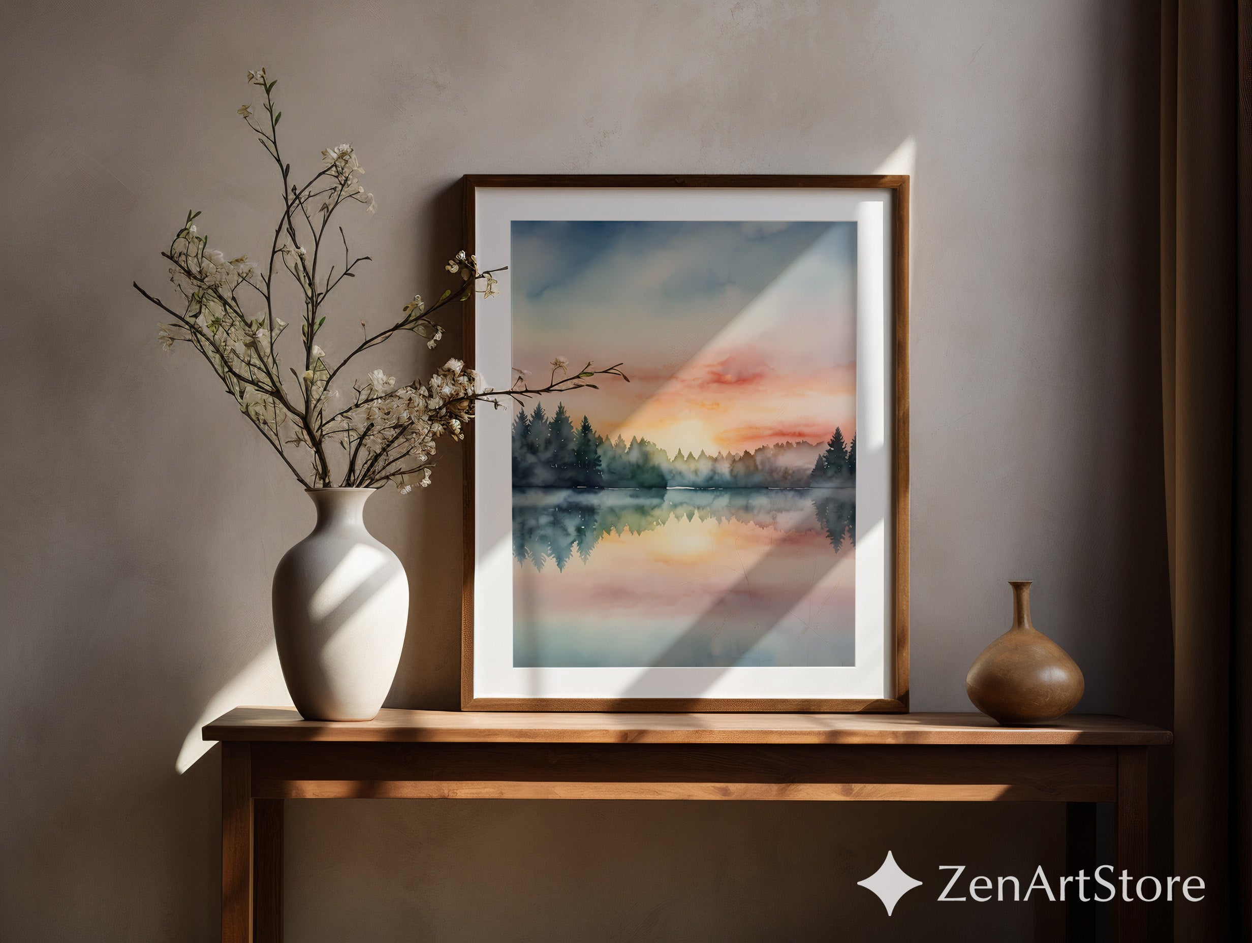 Serene Forest Lake Watercolor Sunset Print - Pastel Landscape Wall Art for Living Room & Bedroom, Japandi Minimal Decor