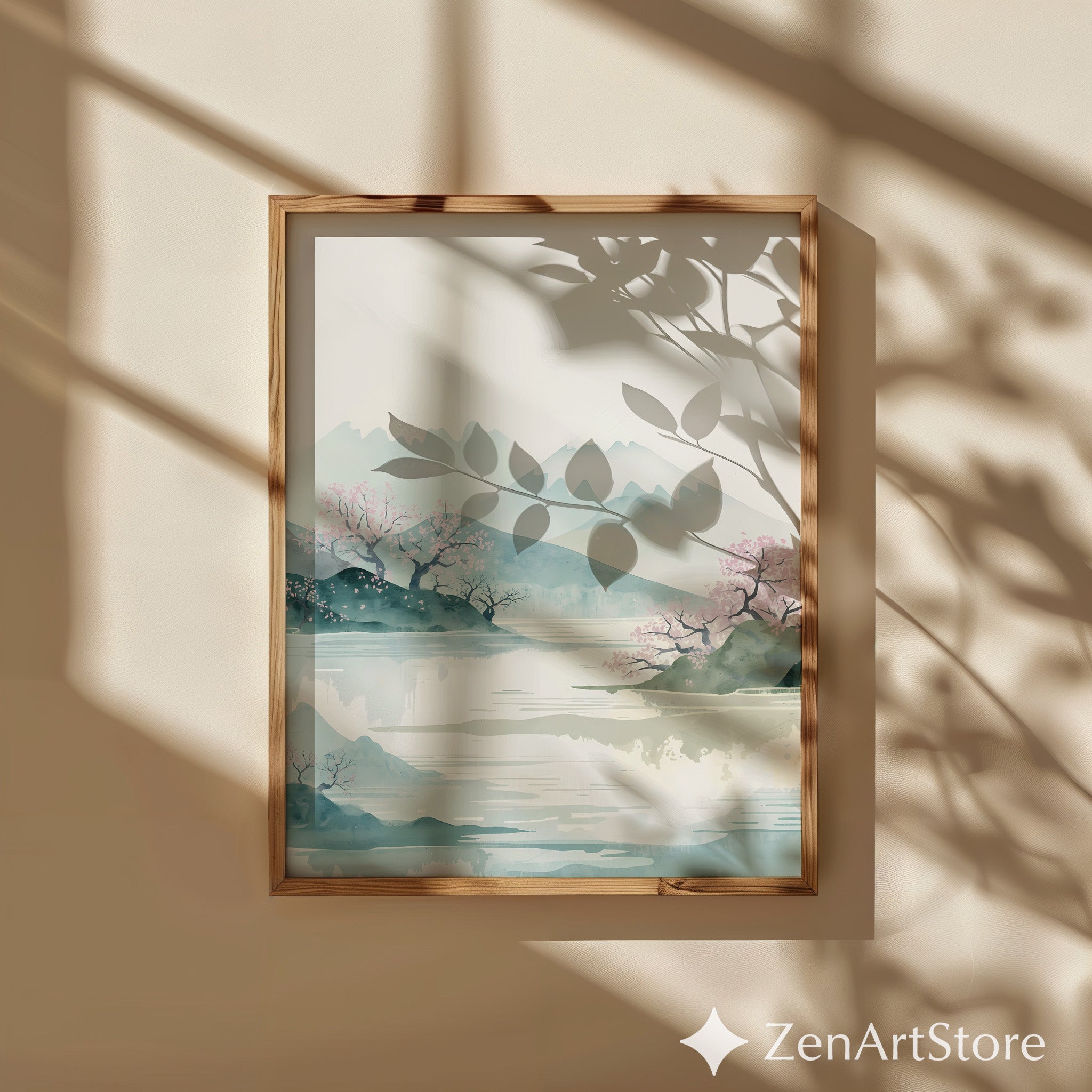Serene Cherry Blossom Watercolor Landscape Print — Japandi Minimalist Wall Art for Living Room & Bedroom
