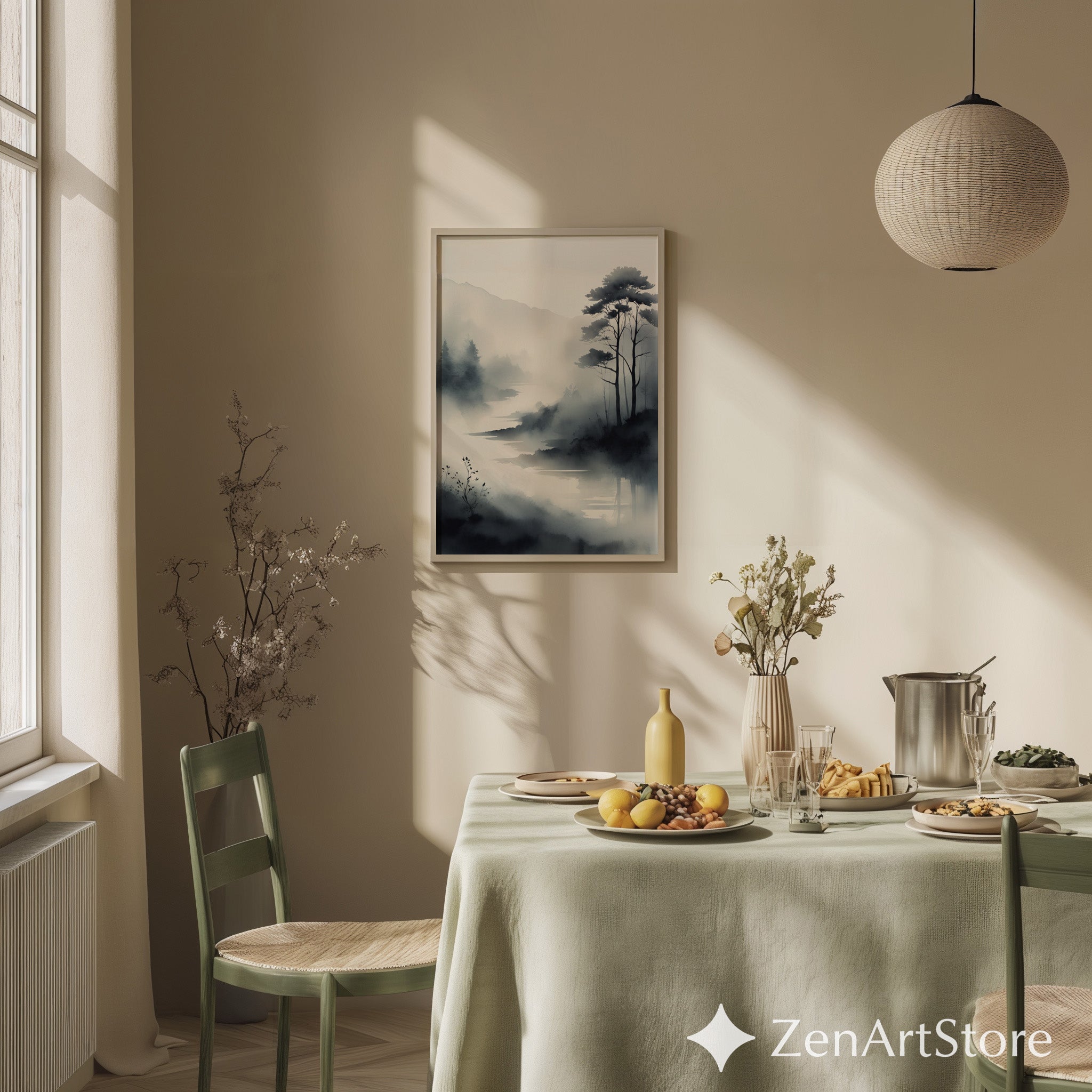 Misty River Landscape Print - Minimal Black & White Watercolor Wall Art, Zen Japandi Wabi Sabi Home Decor