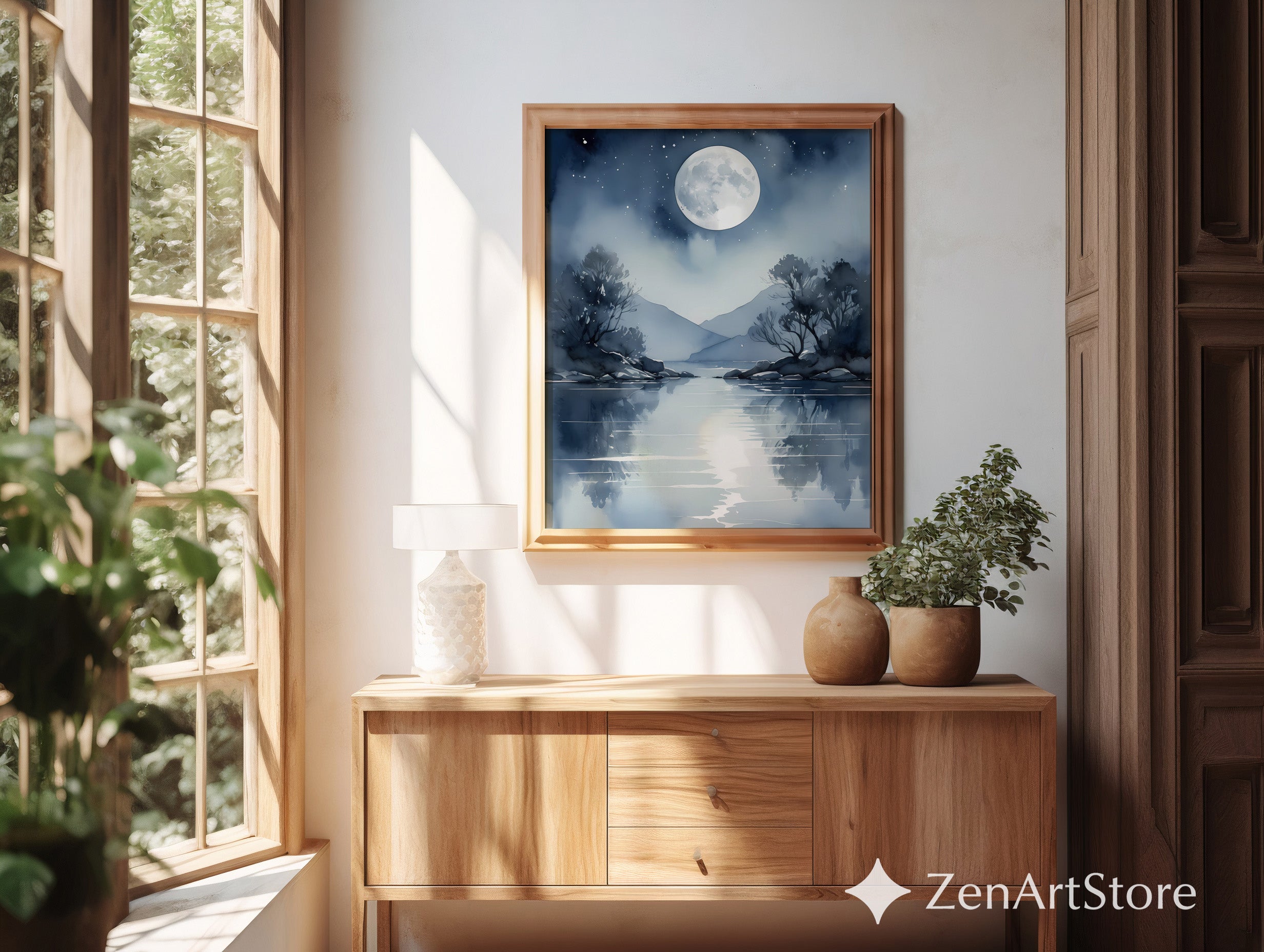 Moonlight Lake Watercolor Print - Serene Blue Moon Reflection Wall Art for Bedroom, Living Room, Japandi Minimal Decor