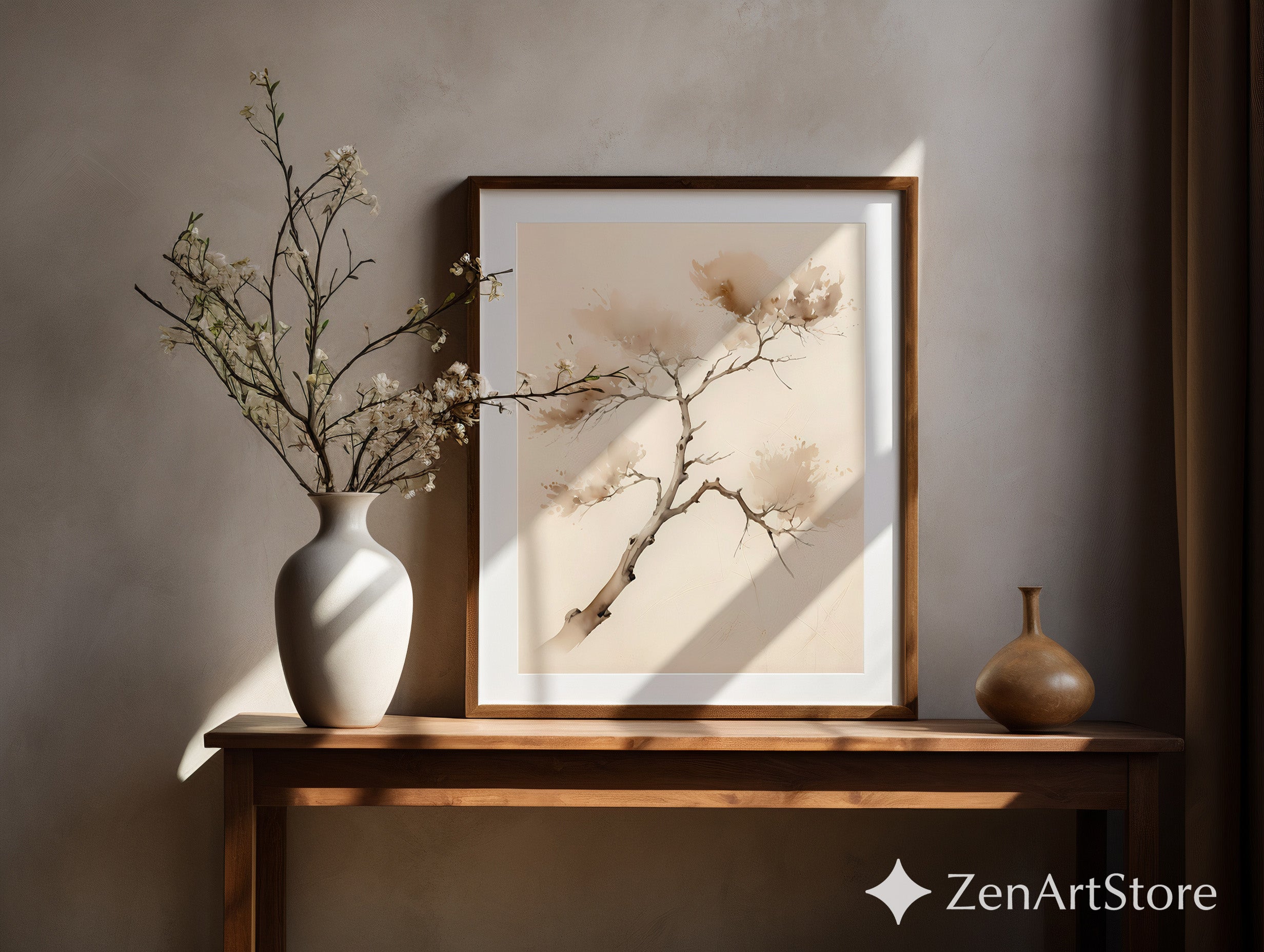 Neutral Zen Branch Watercolor Print - Minimal Japandi Botanical Wall Art in Beige & Brown for Modern Home Decor