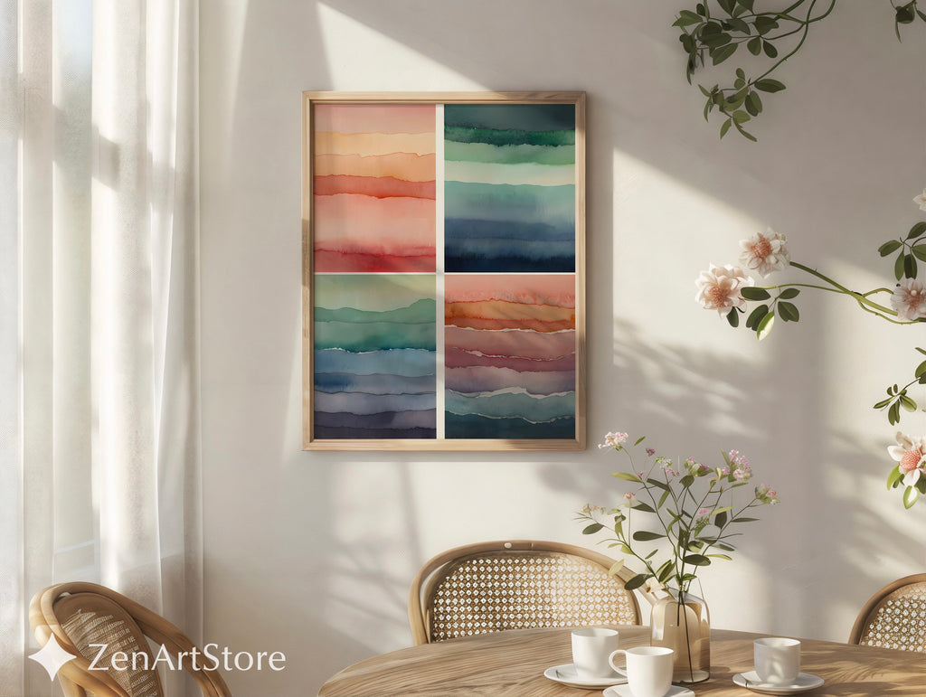 Abstract Watercolor Wall Art Set of 4 – Minimal Layered Landscapes, Neutral Japandi Boho Prints for Living Room & Bedroom, Printable Digital Download