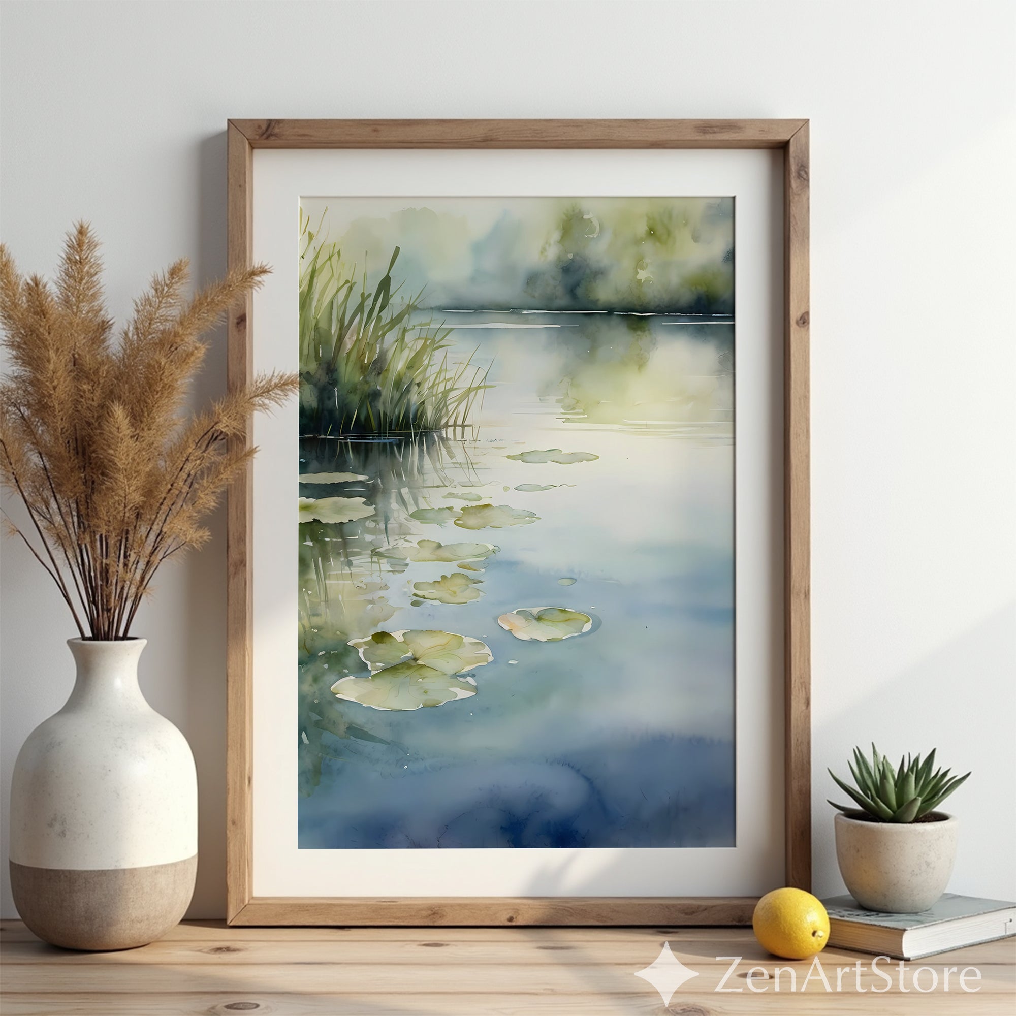 Serene Watercolor Pond Print - Waterlily & Reeds Botanical Wall Art for Living Room, Bedroom, Japandi Minimal Home Decor