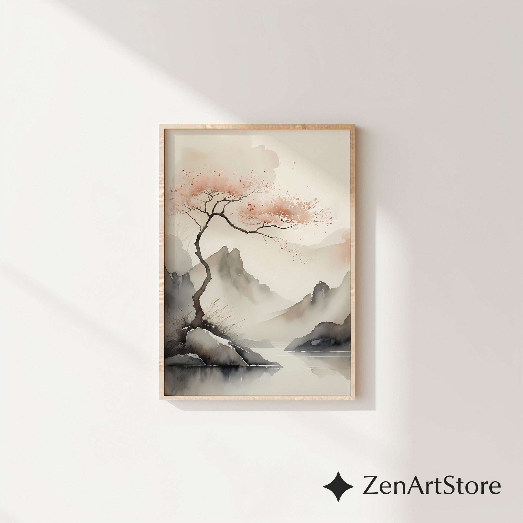 Serene Japandi Watercolor Landscape Print - Minimal Cherry Blossom Tree, Zen Wabi Sabi Wall Art for Living Room