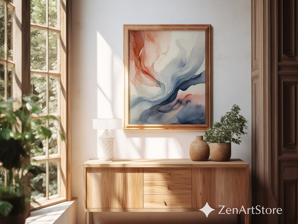 Abstract Fluid Art Print Terracotta and Blue - Minimal Japandi Wall Art, Neutral Modern Home Decor