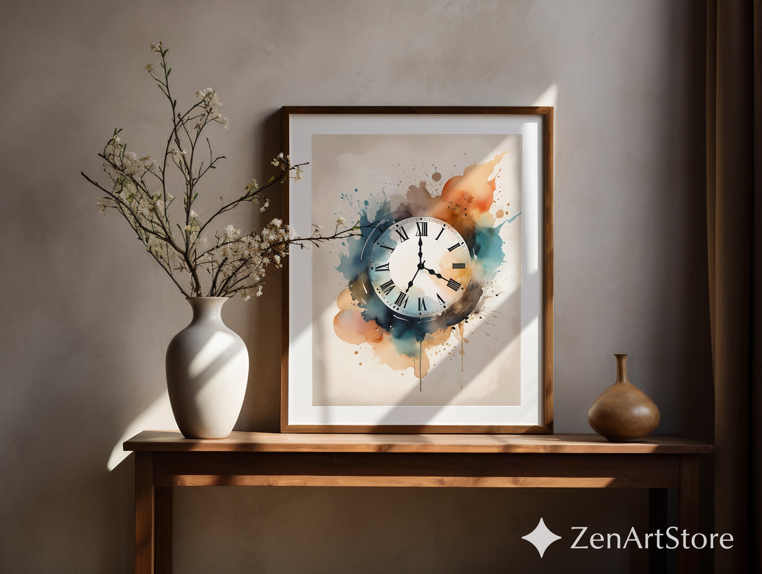 Watercolor Clock Print Timeless Abstract Wall Art Neutral Teal Beige | Modern Japandi Wabi Sabi Home Decor