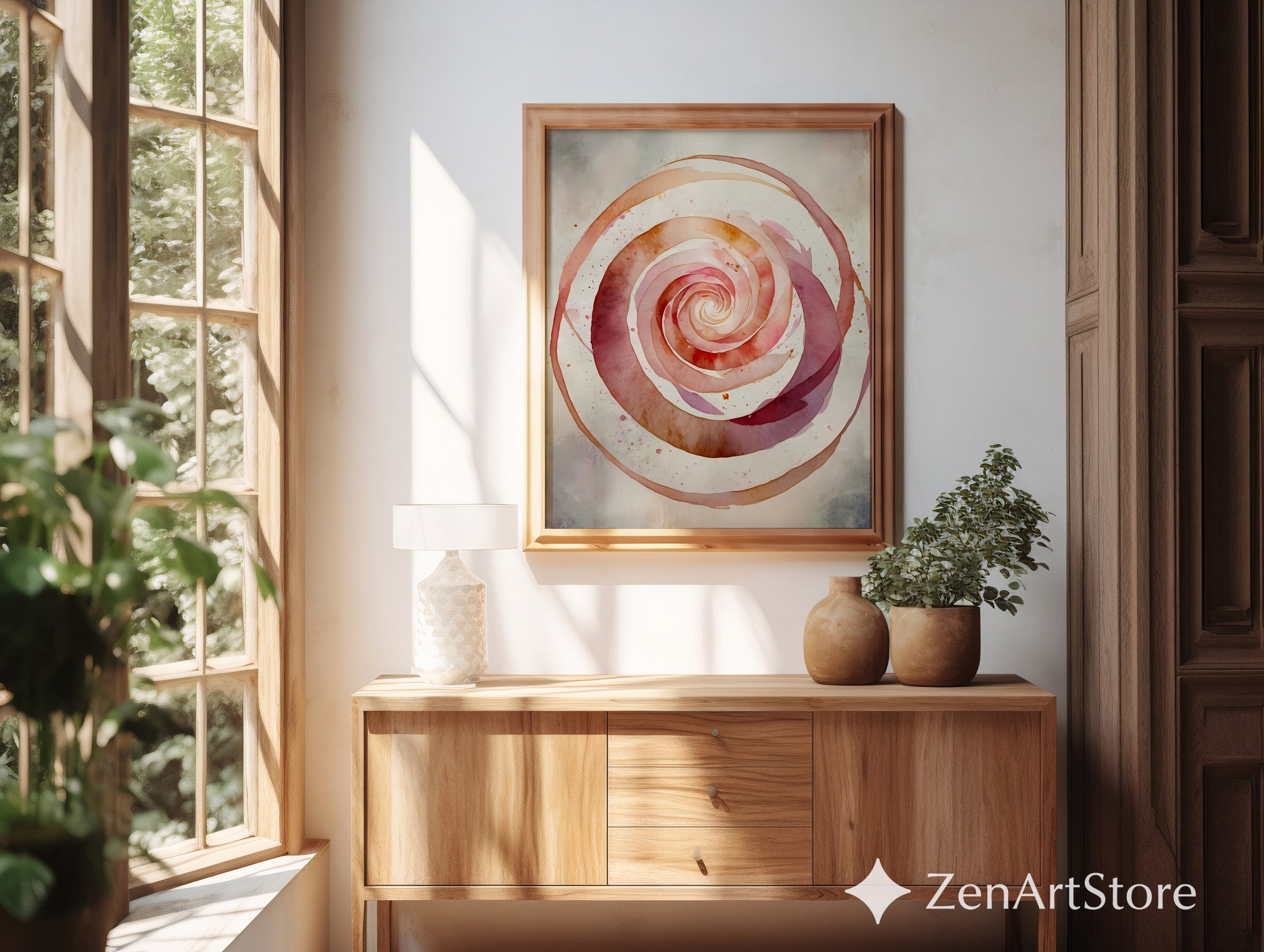 Spiral Rose Watercolor Print - Neutral Pink Beige Abstract Wall Art, Minimal Japandi Wabi Sabi Home Decor