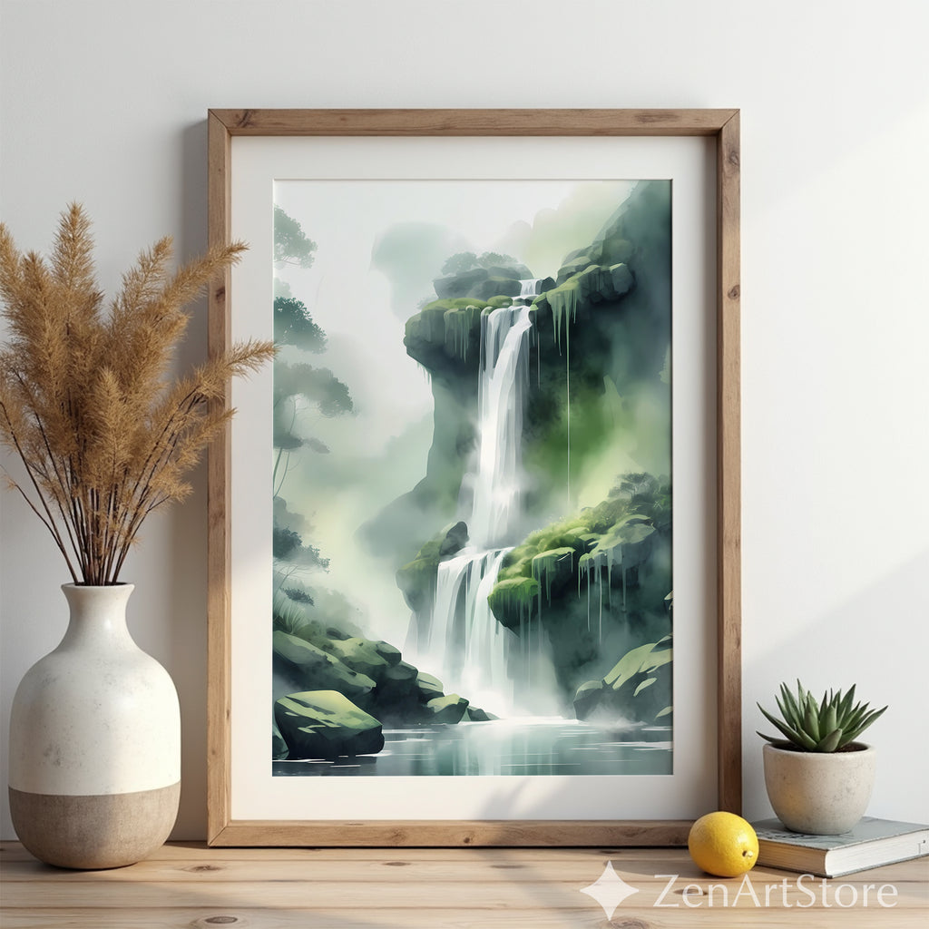 Misty Waterfall Wall Art Print – Zen Green Landscape for Living Room, Japandi Minimalist Nature Canvas