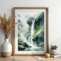 Misty Waterfall Wall Art Print – Zen Green Landscape for Living Room, Japandi Minimalist Nature Canvas