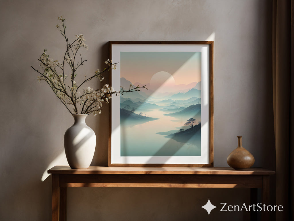 Misty Mountain Sunrise Wall Art - Minimal Zen Landscape Print, Japandi Pastel Sun Poster for Living Room
