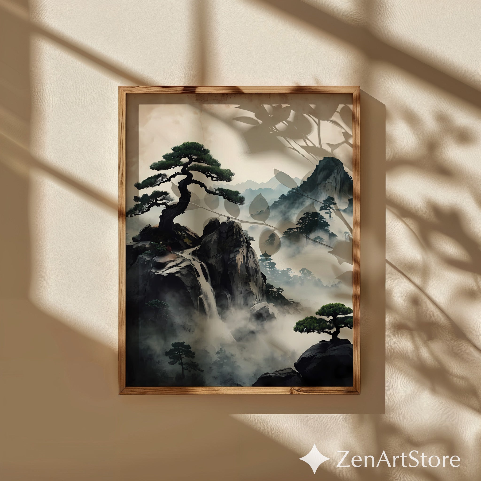 Zen Misty Mountain Landscape Print - Japanese Waterfall Bonsai Wall Art, Wabi Sabi Home Decor