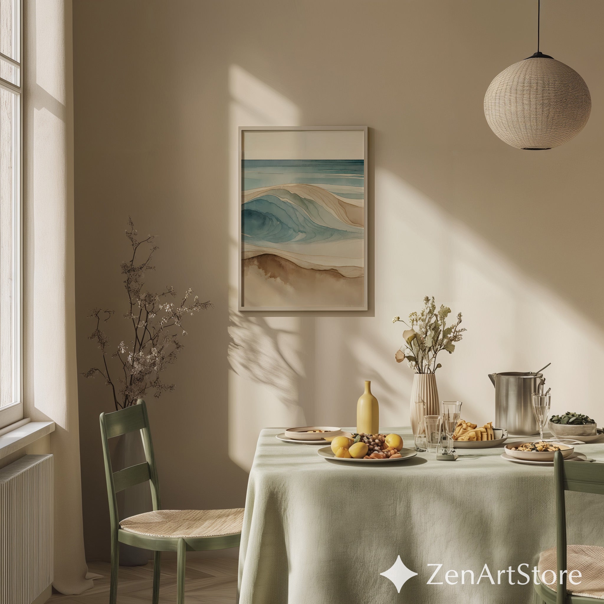 Neutral Coastal Wave Art Print - Minimal Beach Watercolor Wall Art for Japandi, Scandinavian & Wabi Sabi Home Decor