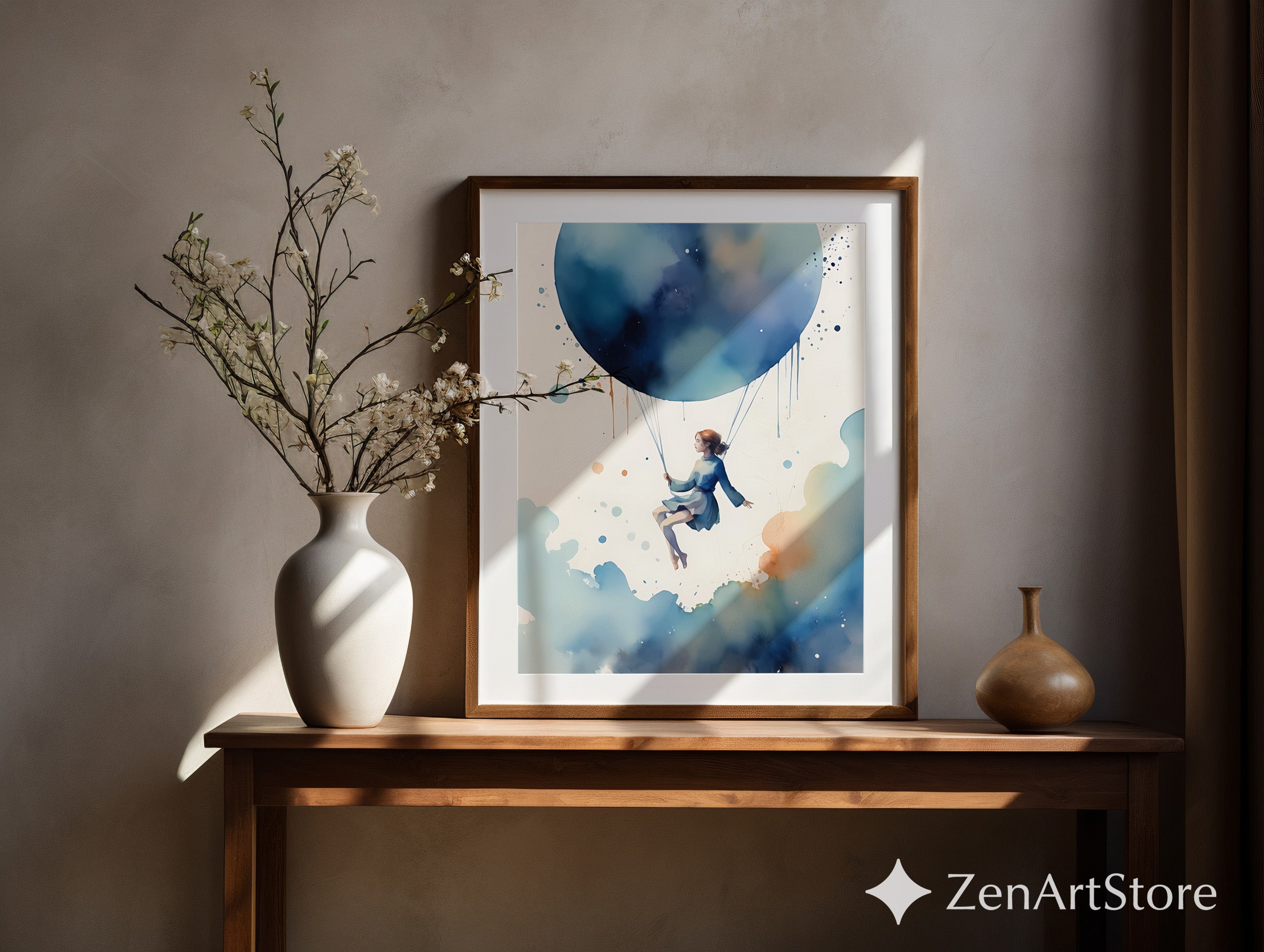 Dreamy Blue Balloon Girl Watercolor Print - Whimsical Minimal Wall Art for Nursery, Bedroom & Living Room