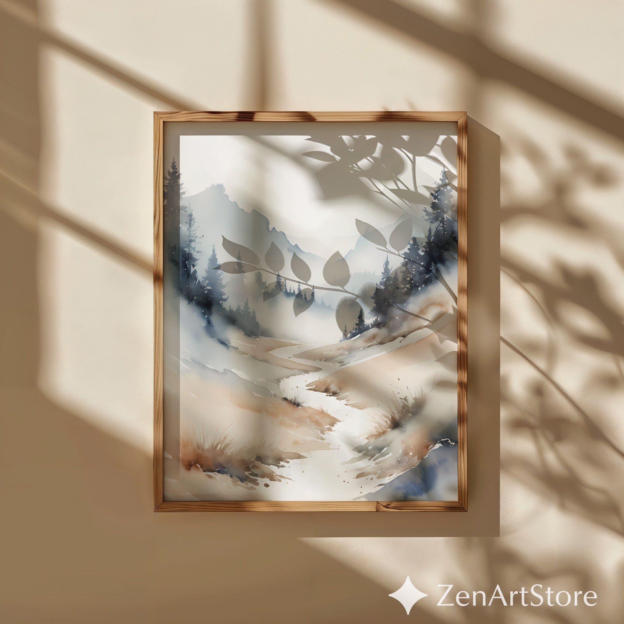 Misty Mountain Valley Watercolor Print - Neutral Minimal Landscape Art for Japandi, Wabi Sabi & Calm Home Decor