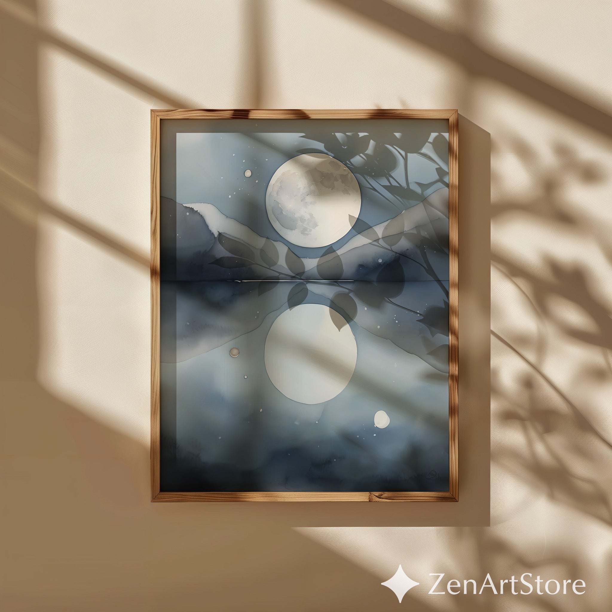 Moon Reflection Art Print - Minimal Blue Grey Landscape Wall Art for Living Room, Japandi & Scandinavian Home Decor