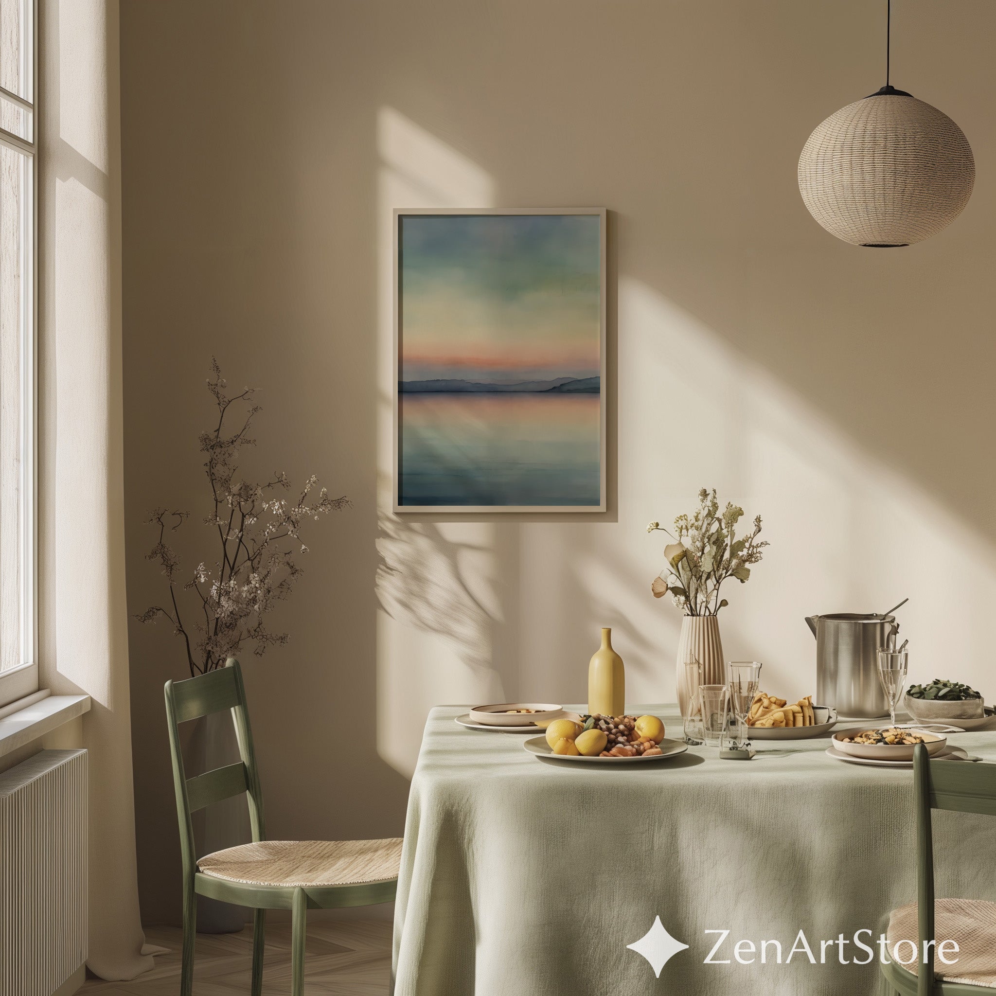 Serene Pastel Lake Sunset Minimal Landscape Art Print - Calm Japandi Wall Decor