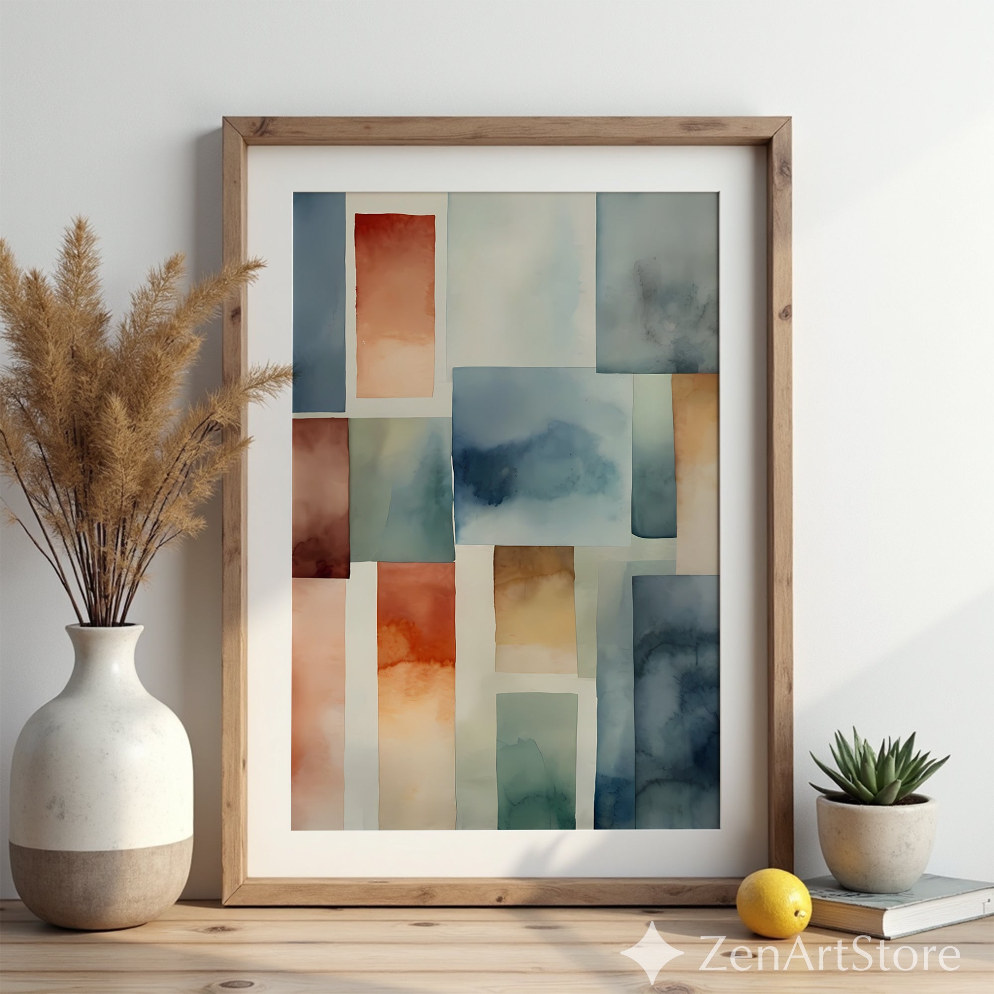 Abstract Geometric Watercolor Wall Art - Calm Blue, Terracotta & Beige Minimal Print for Modern Japandi Scandinavian Home Decor