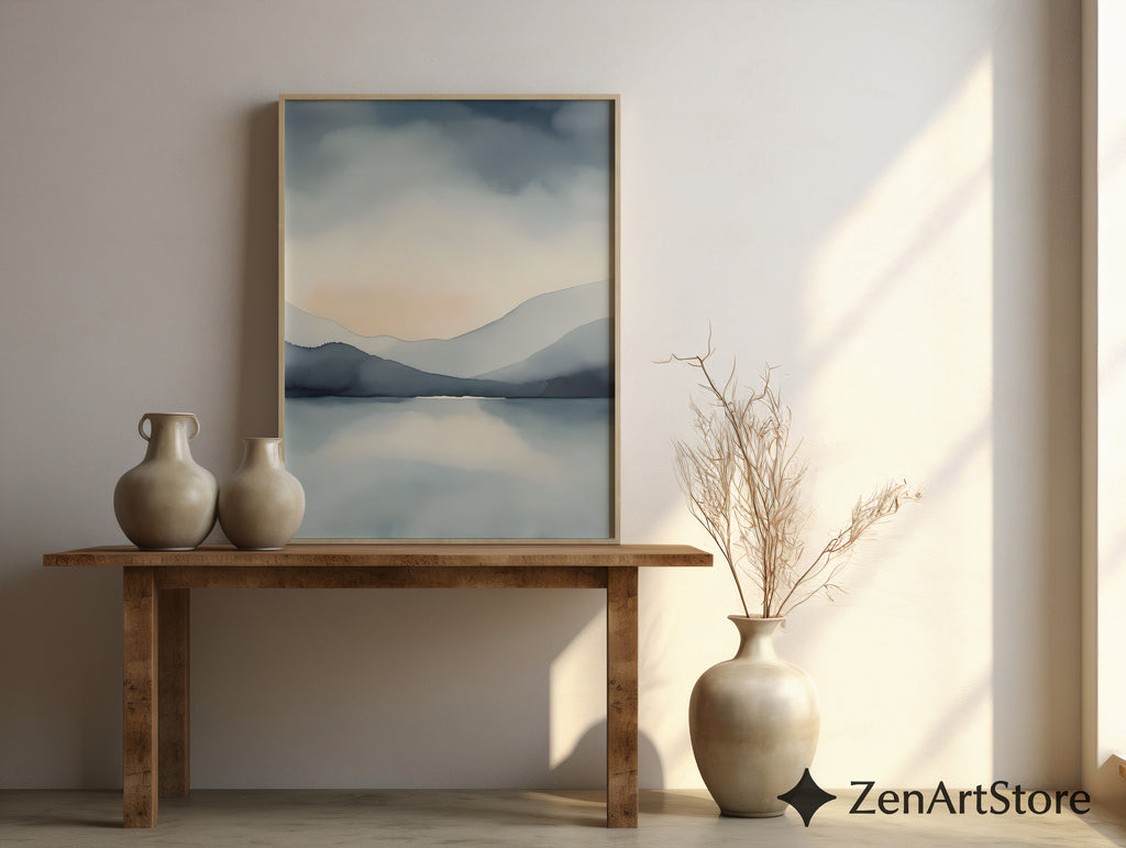 Zen Minimal Japanese Mountain Lake Printable Wall Art - Calm Abstract Landscape