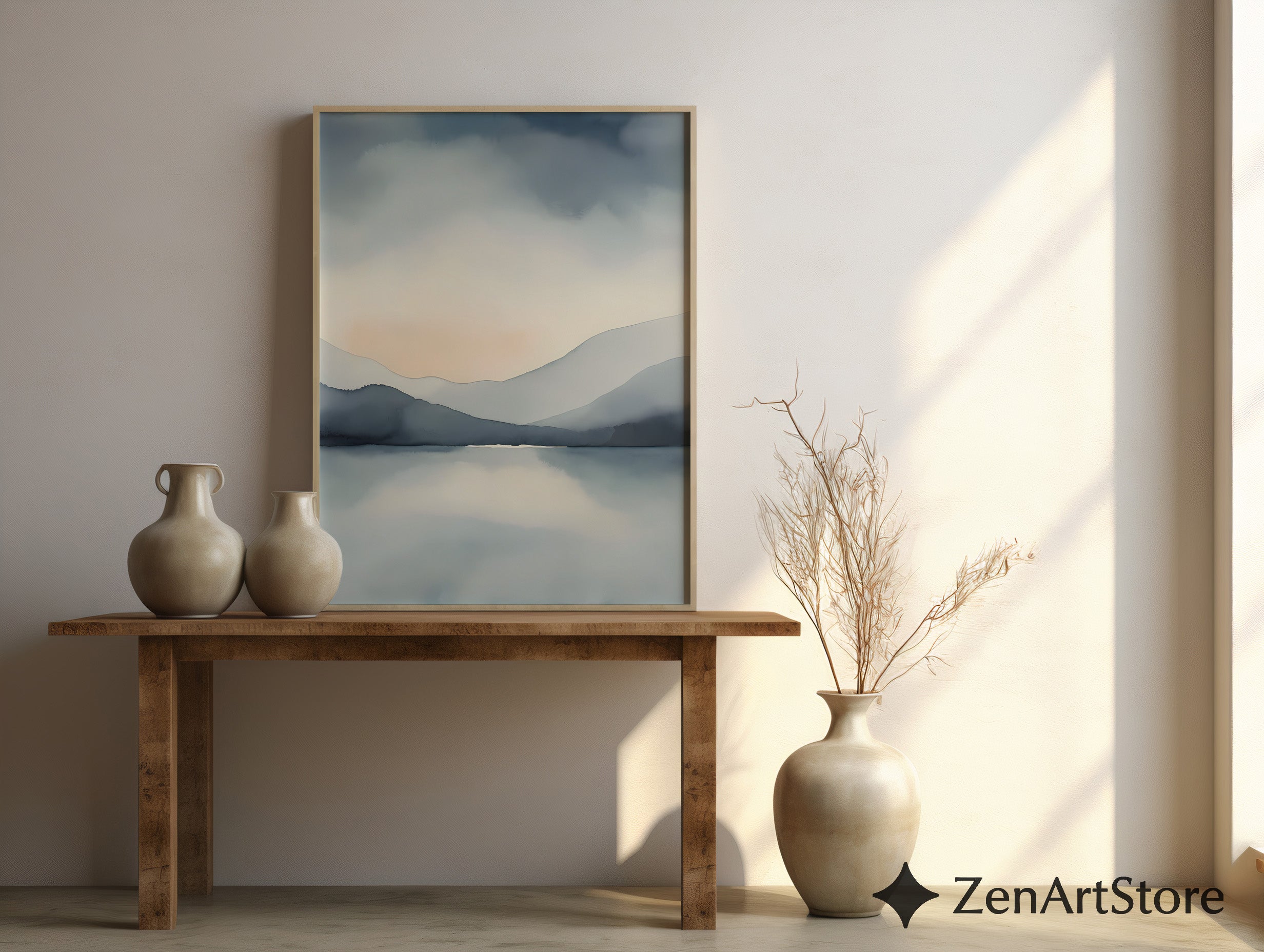 Zen Minimal Japanese Mountain Lake Printable Wall Art - Calm Abstract Landscape
