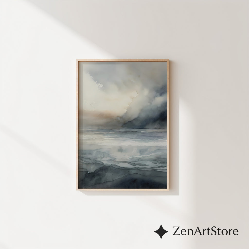 Neutral Abstract Seascape Wall Art - Minimal Coastal Watercolor Print, Calm Japandi Wabi Sabi Landscape for Living Room