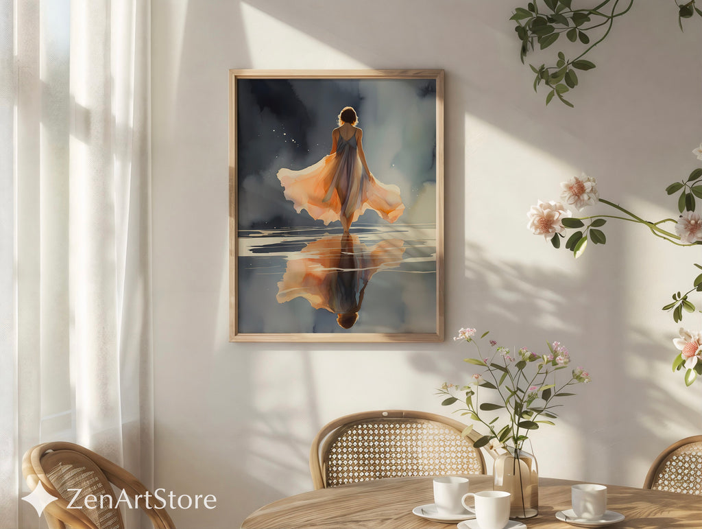 Ethereal Woman Walking on Water Art Print - Peach Reflection Minimal Zen Wall Art for Bedroom & Living Room