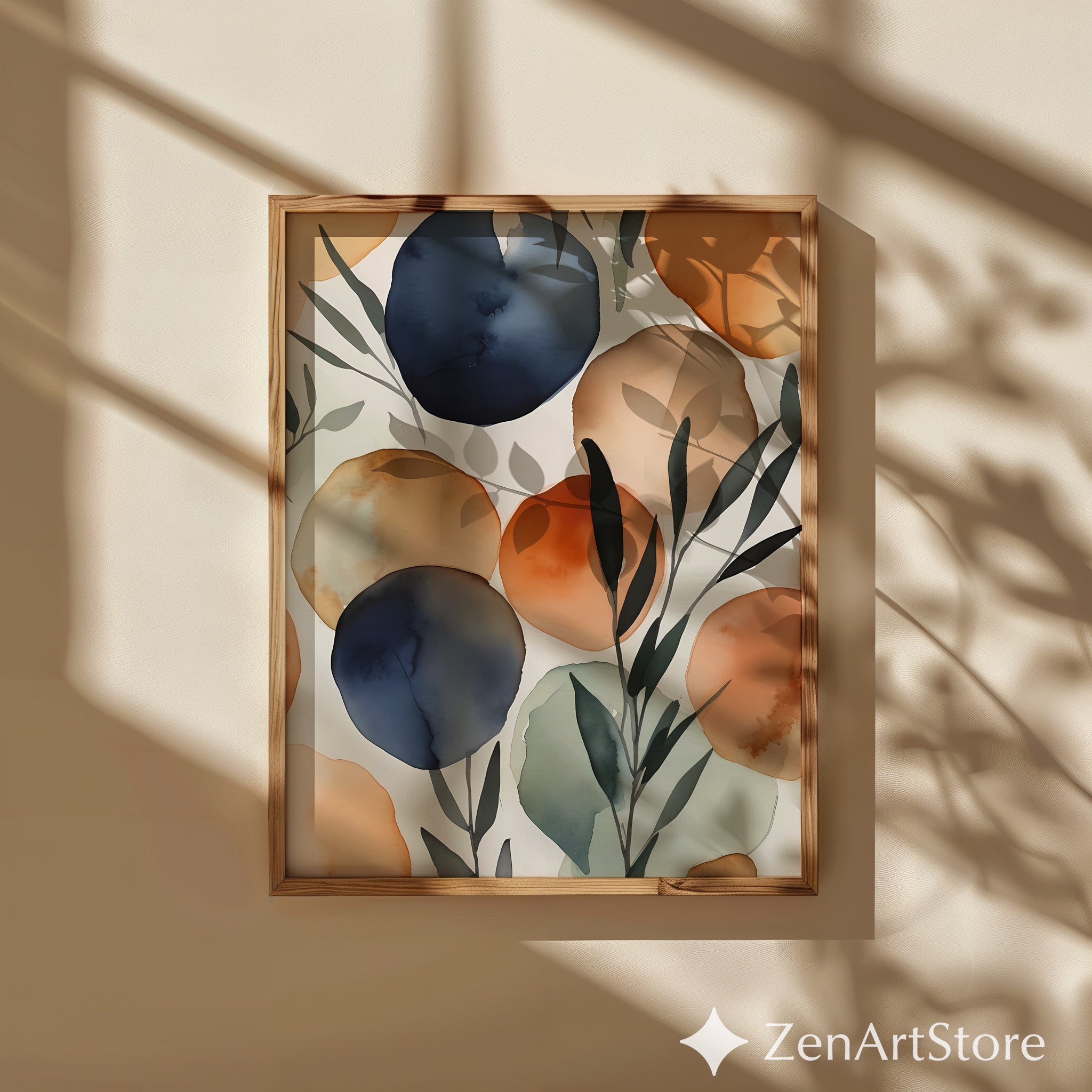 Abstract Watercolor Botanical Wall Art - Navy & Terracotta Minimal Print, Japandi Scandinavian Neutral Home Decor