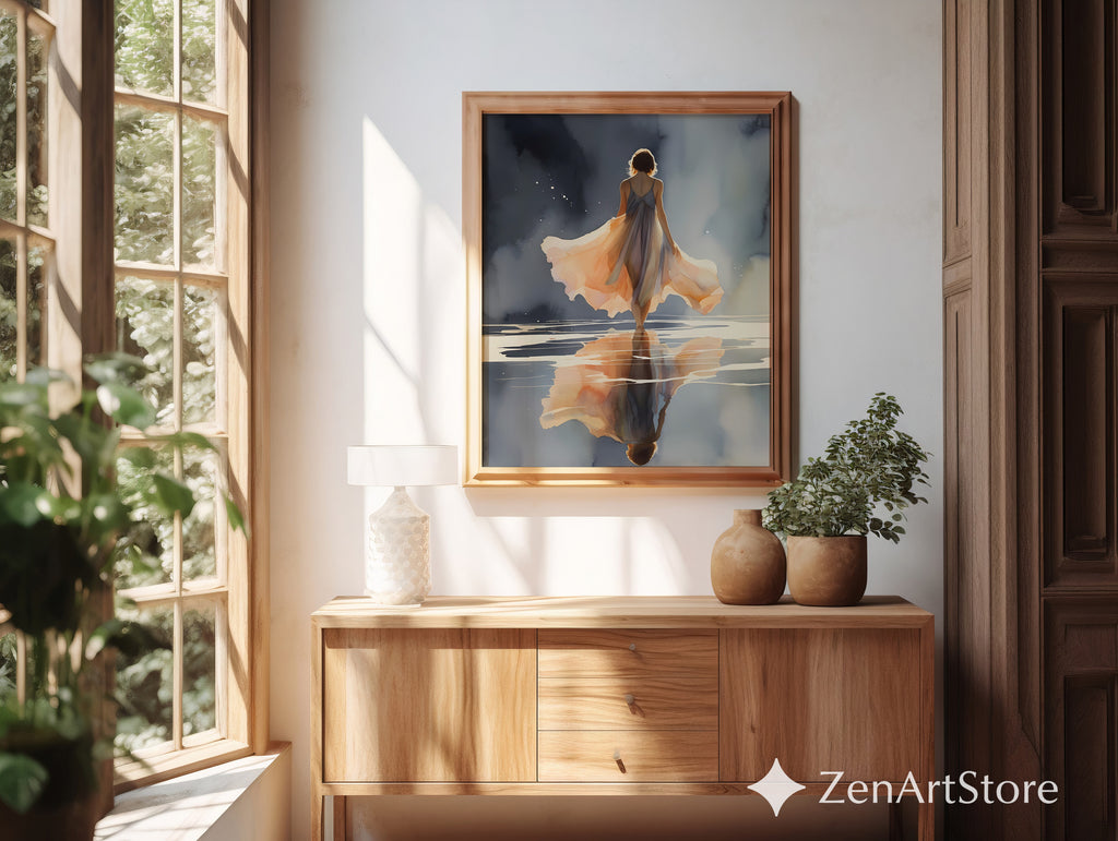 Ethereal Woman Walking on Water Art Print - Peach Reflection Minimal Zen Wall Art for Bedroom & Living Room
