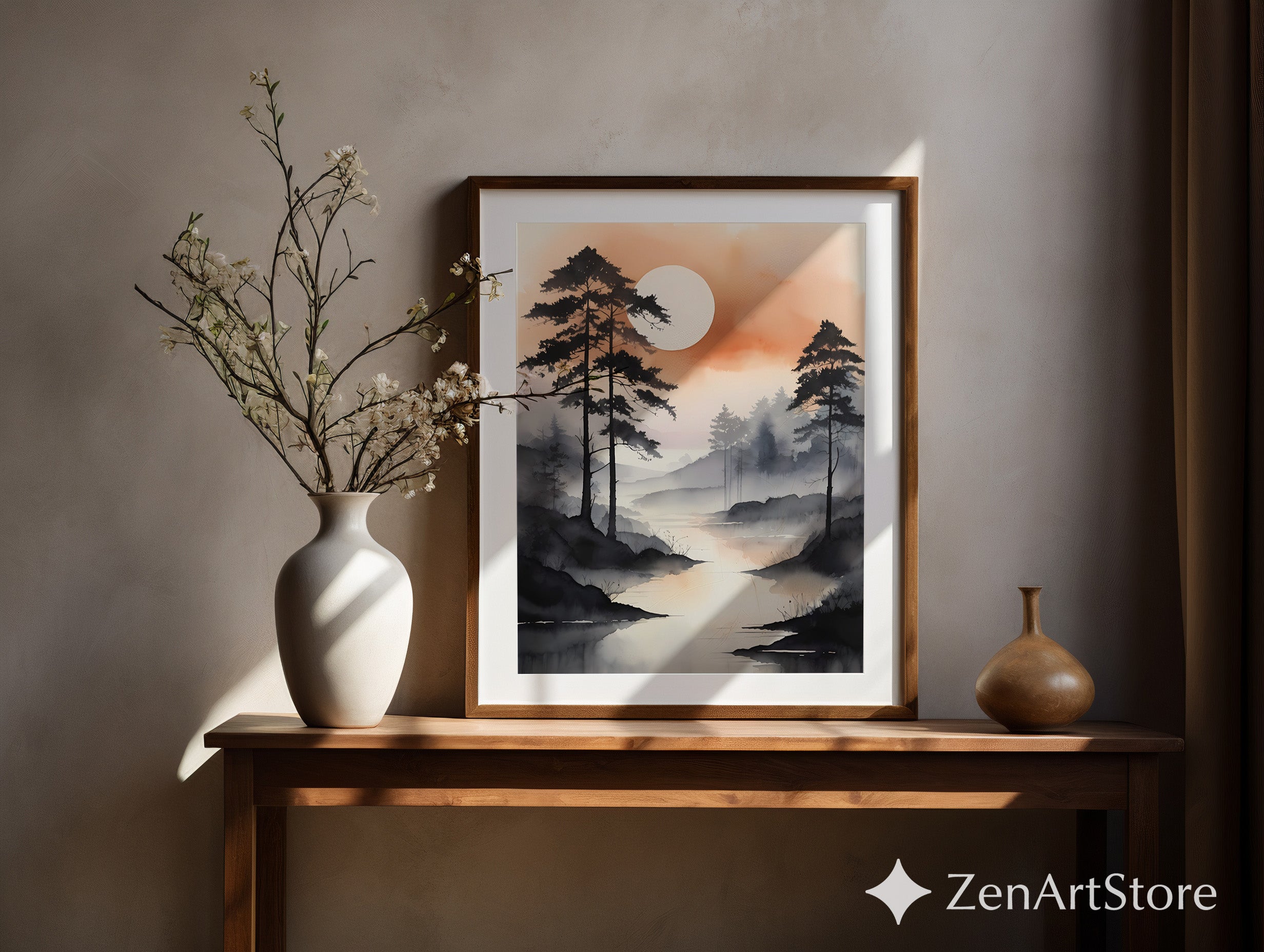 Misty River Landscape Wall Art - Zen Japandi Minimal Sunset Print, Neutral Wabi Sabi Home Decor