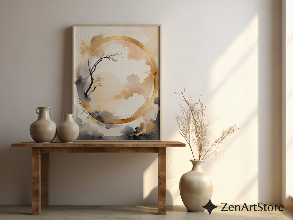 Abstract Zen Gold Circle Wall Art - Minimal Japandi Neutral Print Beige Black Botanical Landscape