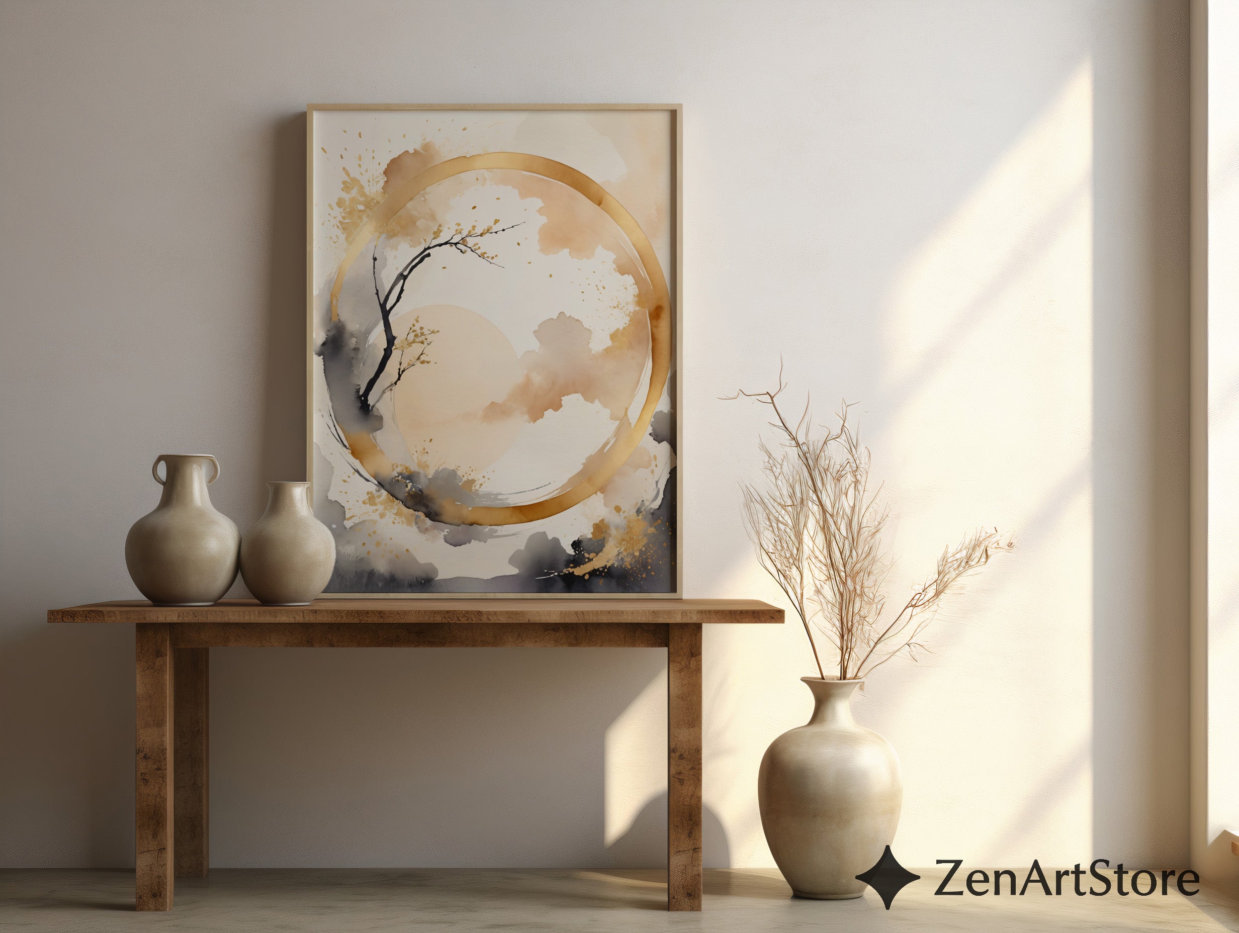 Abstract Zen Gold Circle Wall Art - Minimal Japandi Neutral Print Beige Black Botanical Landscape