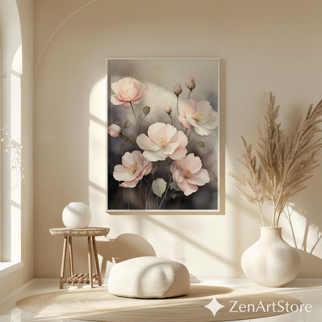 Blush Pink Poppies Floral Wall Art Print - Minimal Botanical Print, Neutral Scandinavian Japandi Home Decor