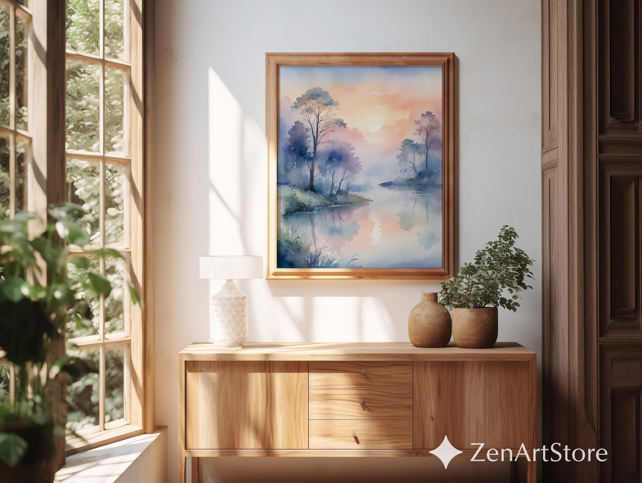 Misty Sunrise Lake Watercolor Print – Calm Pastel Landscape Wall Art for Bedroom, Living Room, Japandi & Scandinavian Home Decor