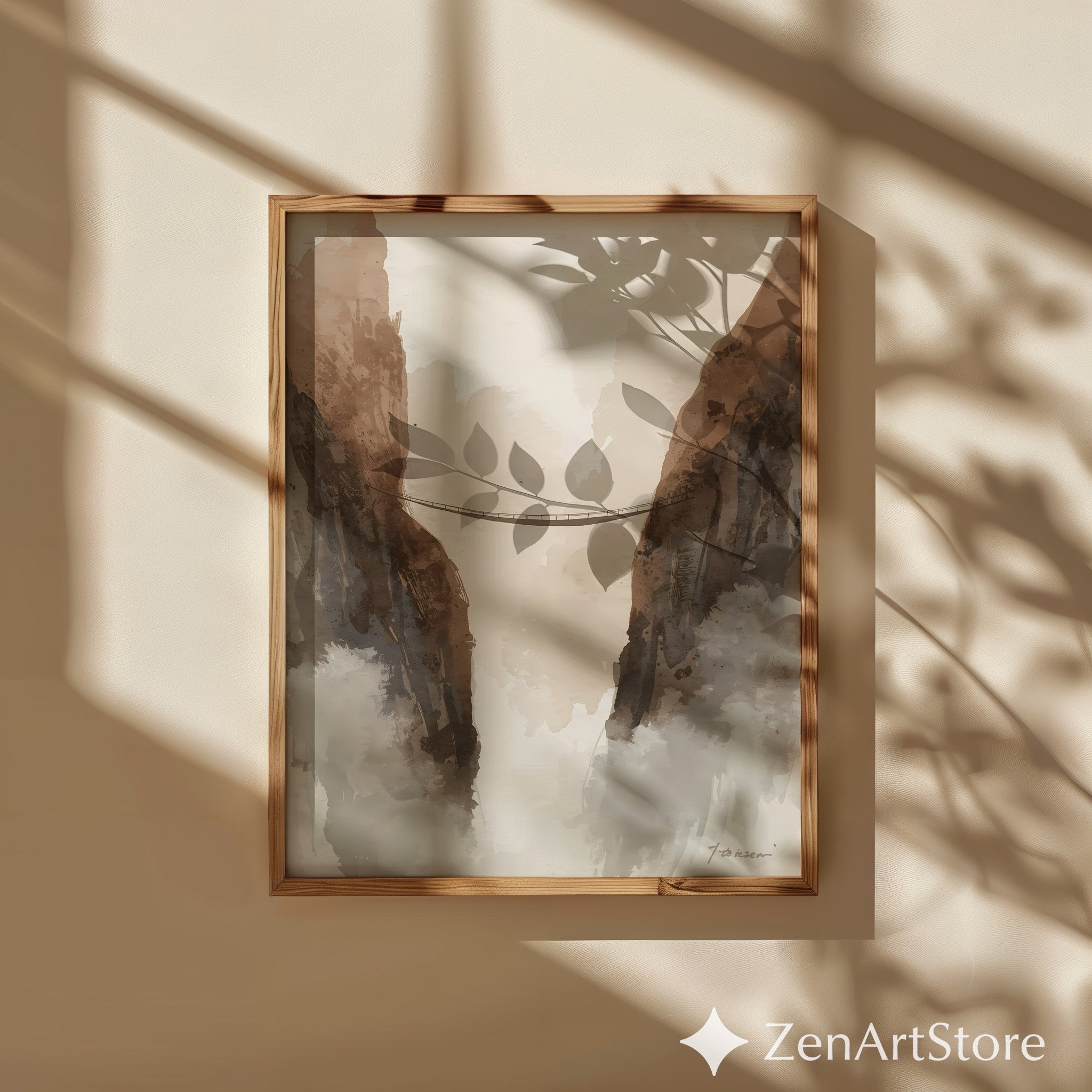 Neutral Mountain Bridge Watercolor Print – Minimal Japandi Wabi Sabi Wall Art for Living Room