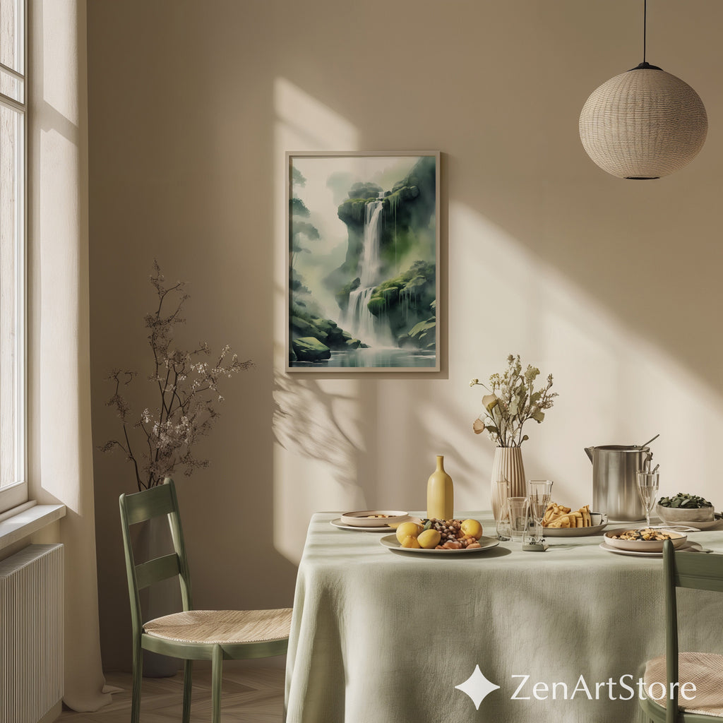 Misty Waterfall Wall Art Print – Zen Green Landscape for Living Room, Japandi Minimalist Nature Canvas