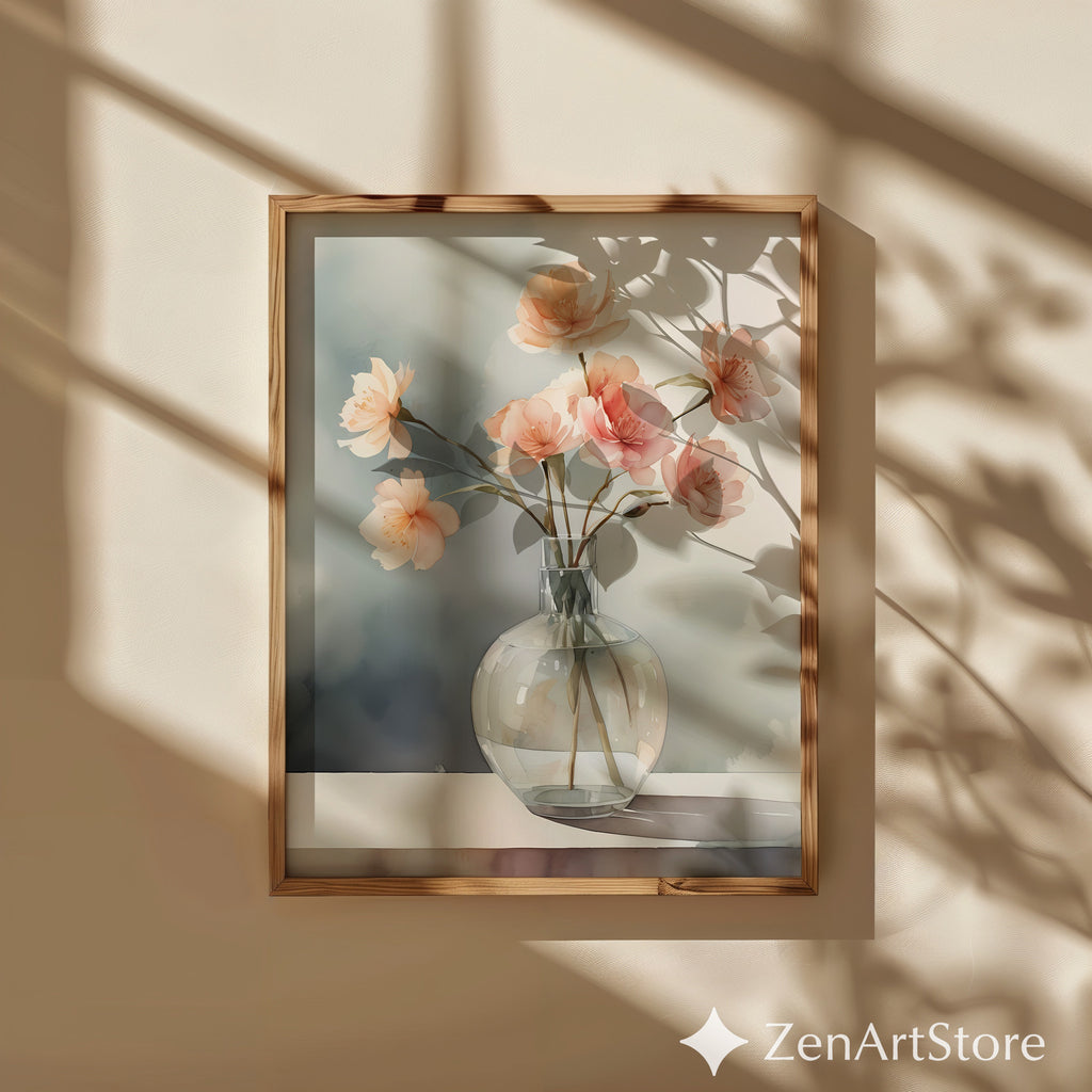 Soft Peach Floral Vase Print - Minimal Botanical Wall Art for Japandi & Scandinavian Neutral Home Decor