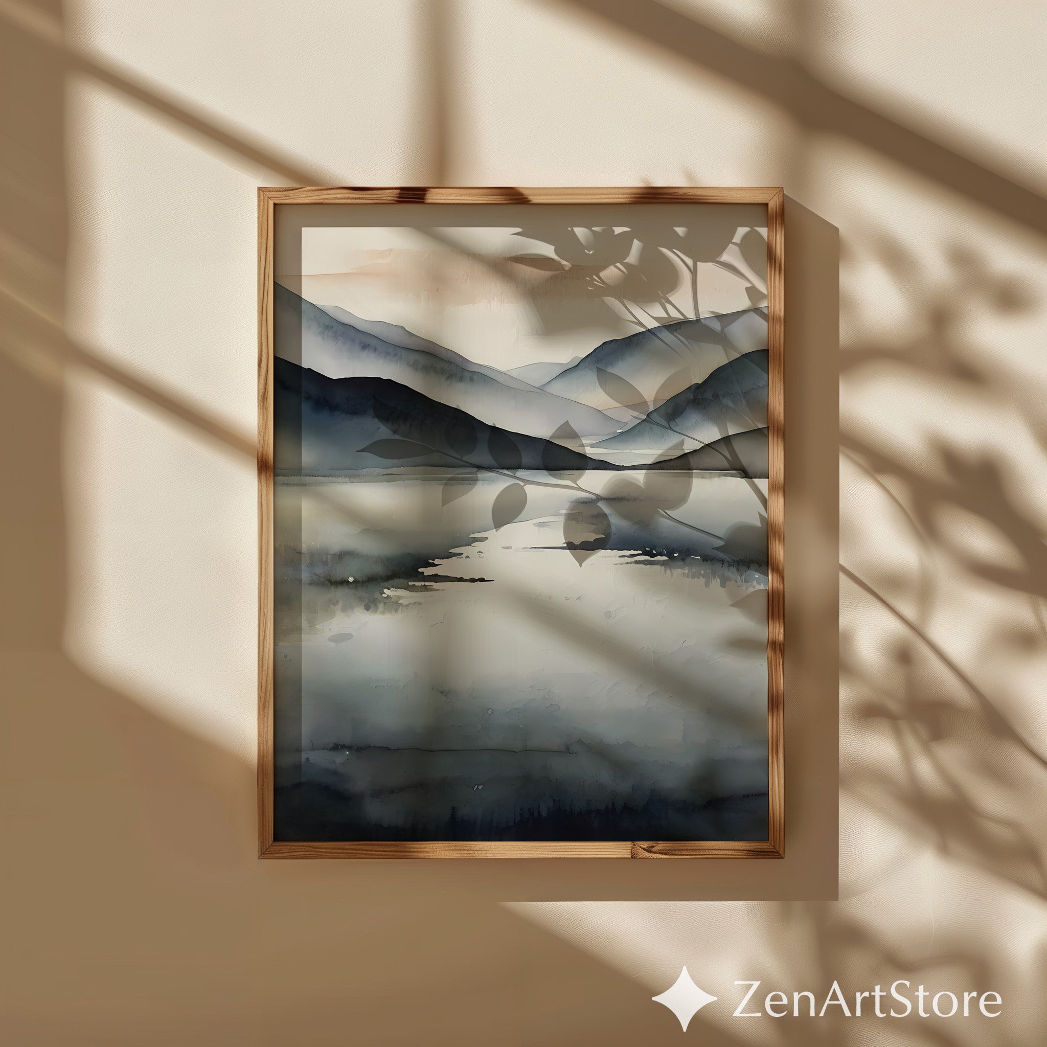 Minimal Abstract Mountain Lake Print - Neutral Japandi Wall Art, Calm Scandinavian Landscape