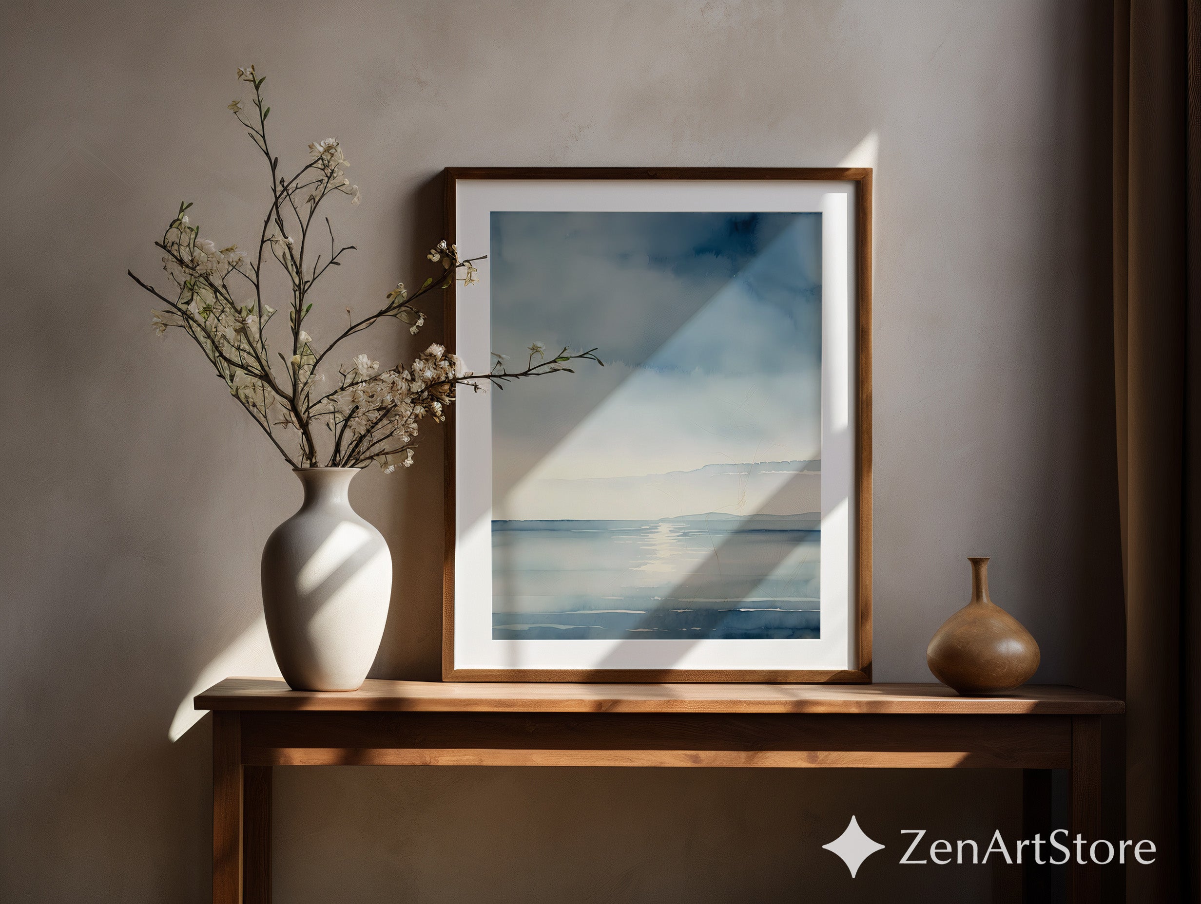 Calm Blue Seascape Watercolor Print - Minimal Coastal Wall Art for Living Room, Beach House, Japandi Decor