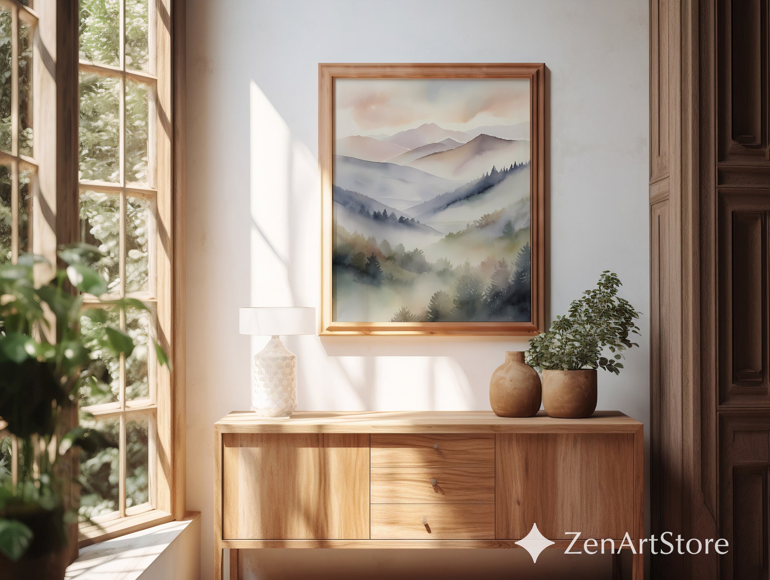 Misty Mountain Watercolor Print – Neutral Minimal Landscape Wall Art for Japandi, Scandinavian & Boho Homes