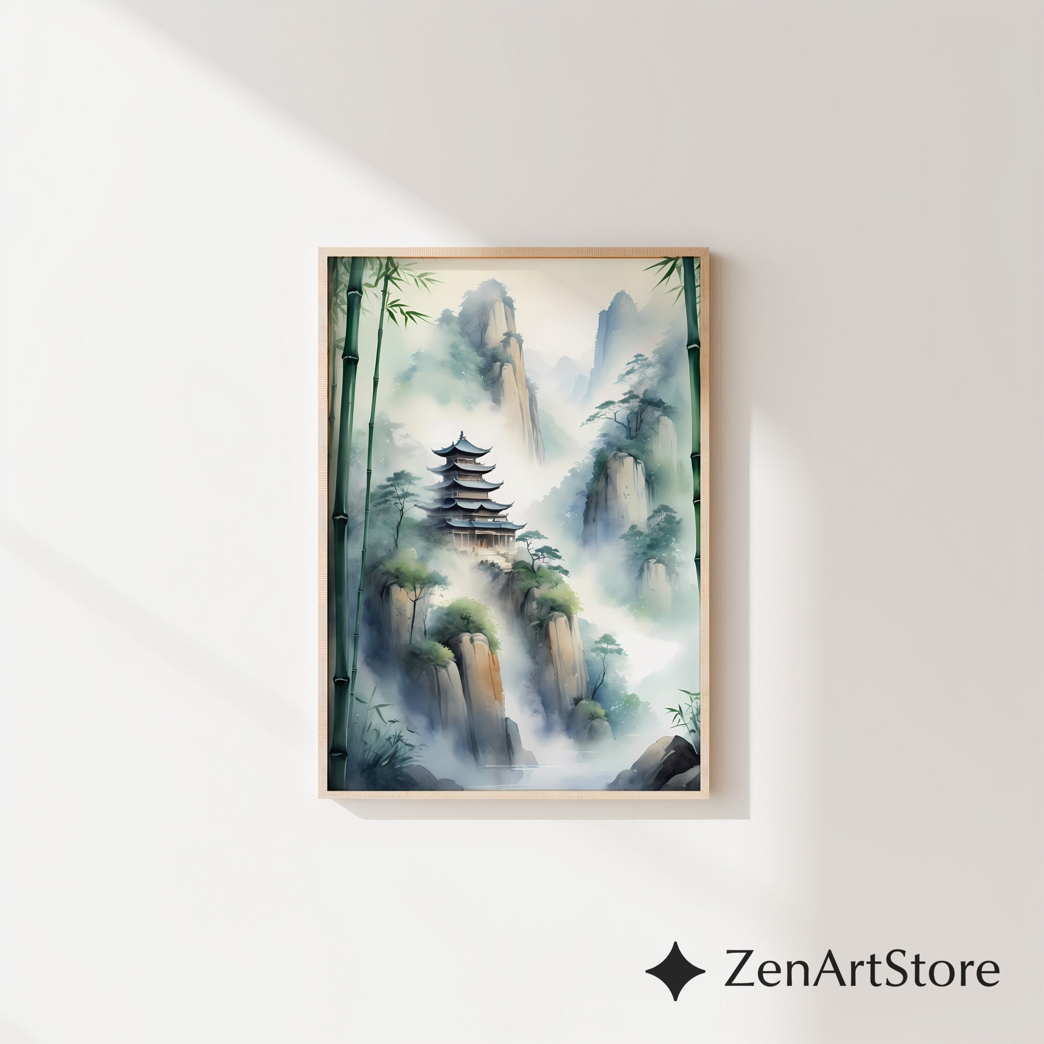 Misty Mountain Pagoda Wall Art - Zen Bamboo Landscape Print, Japandi Minimal Home Decor